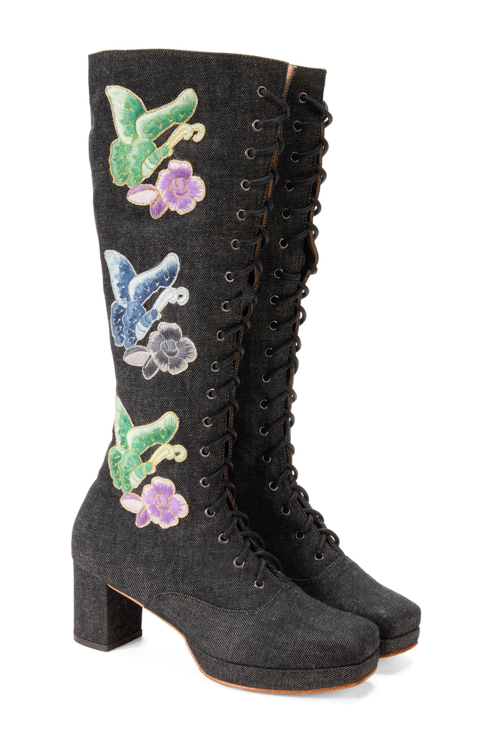 John Fluevog x Anna Sui Butterfly Boots - Black Denim - Anna Sui US