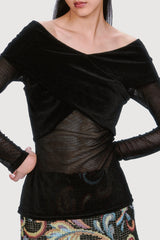Velvet Mesh Off the Shoulder Top - Black - Anna Sui Discount