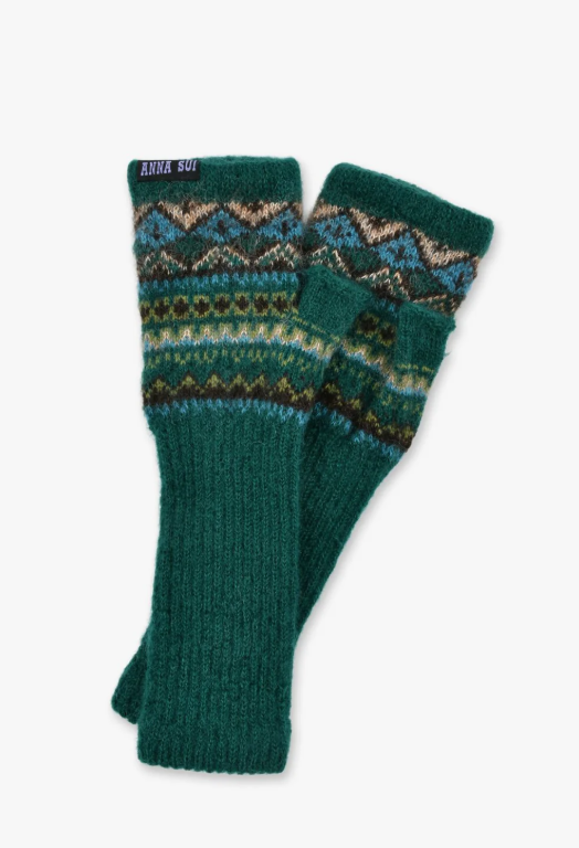 Anna Sui Fair Isle Fingerless Gloves- Green - Anna Sui Outlet