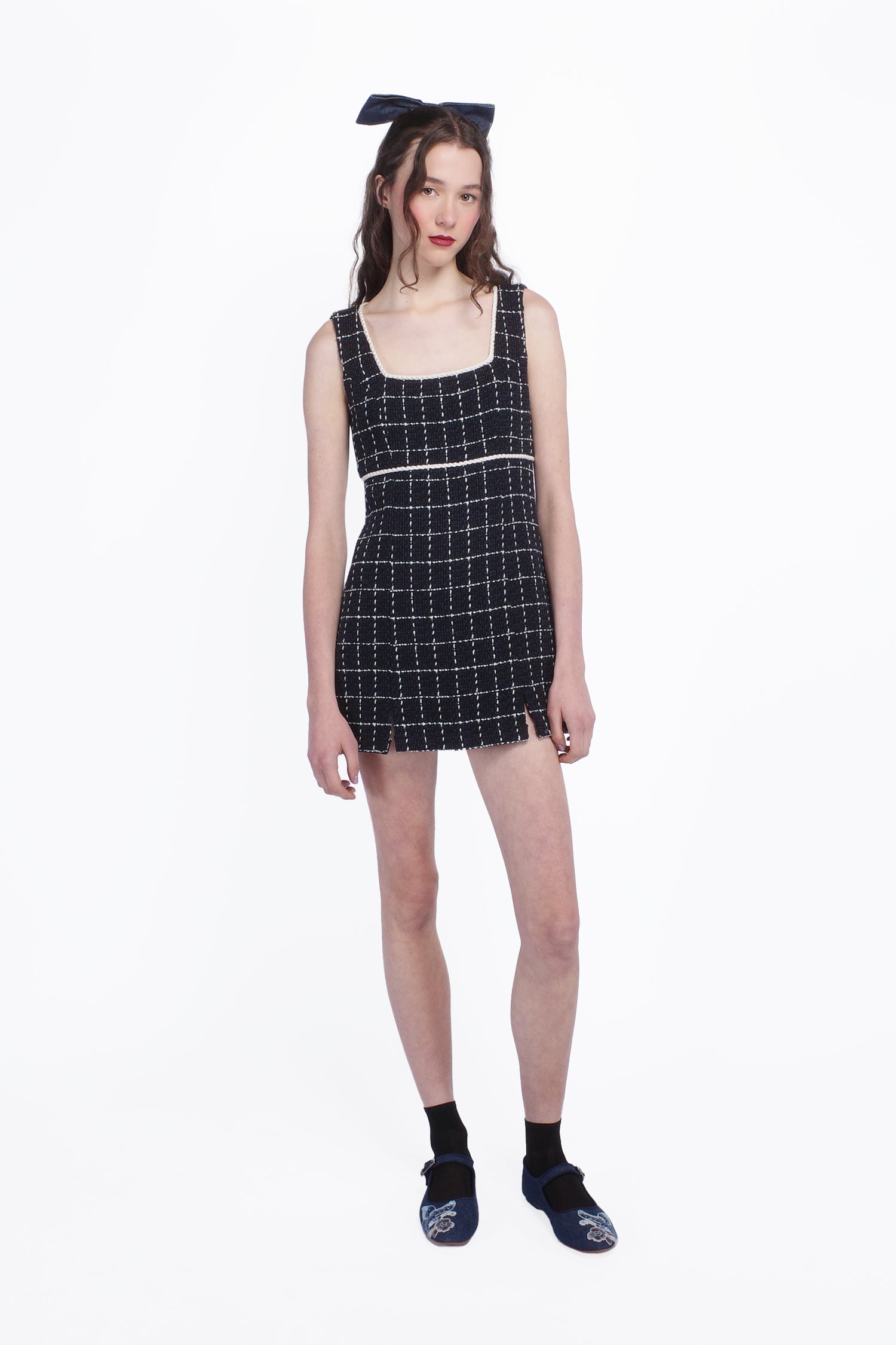 Windowpane Tweed Square Neck Mini Dress - Anna Sui Outlet