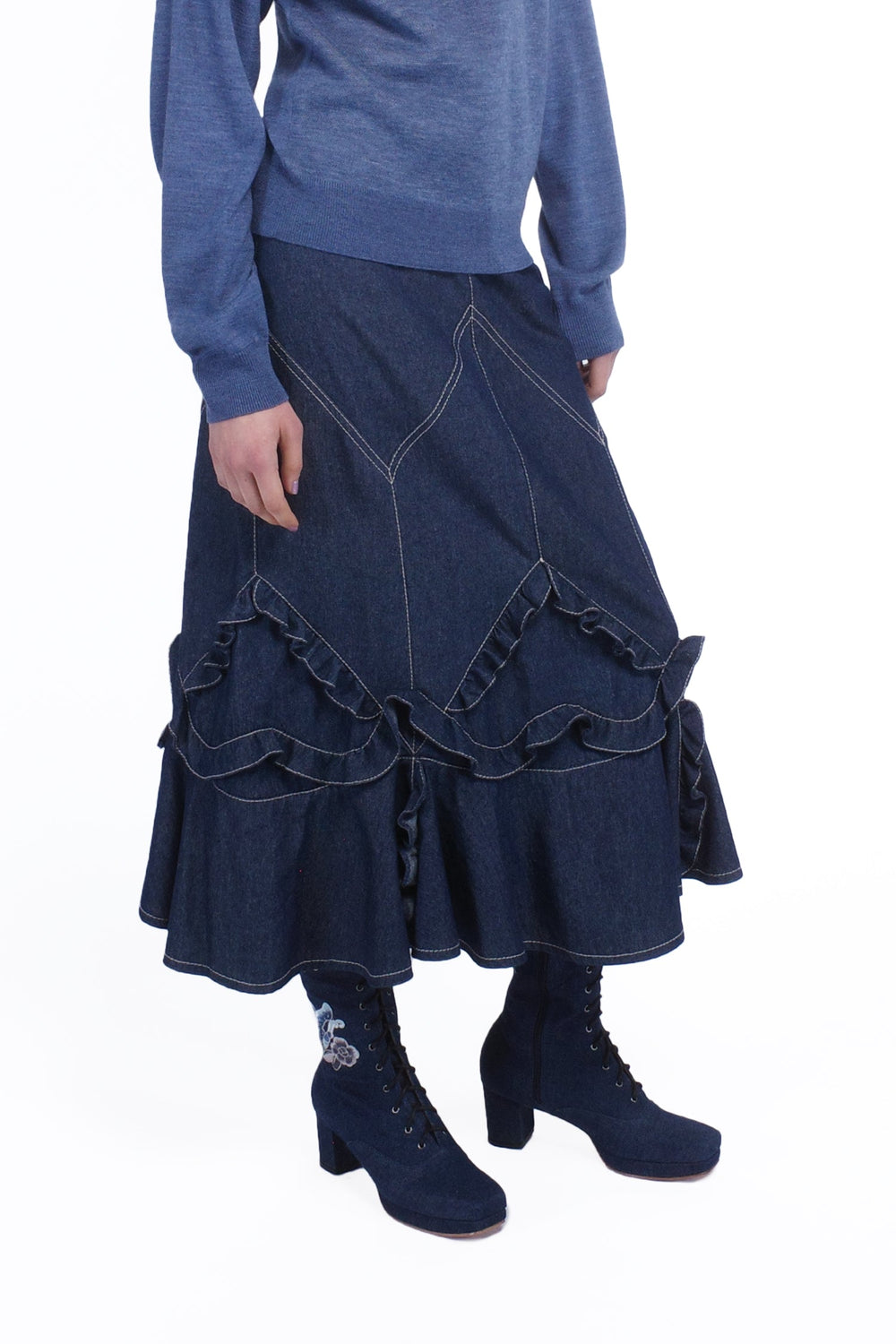 Denim Ruffle Maxi Skirt - Anna Sui Outlet