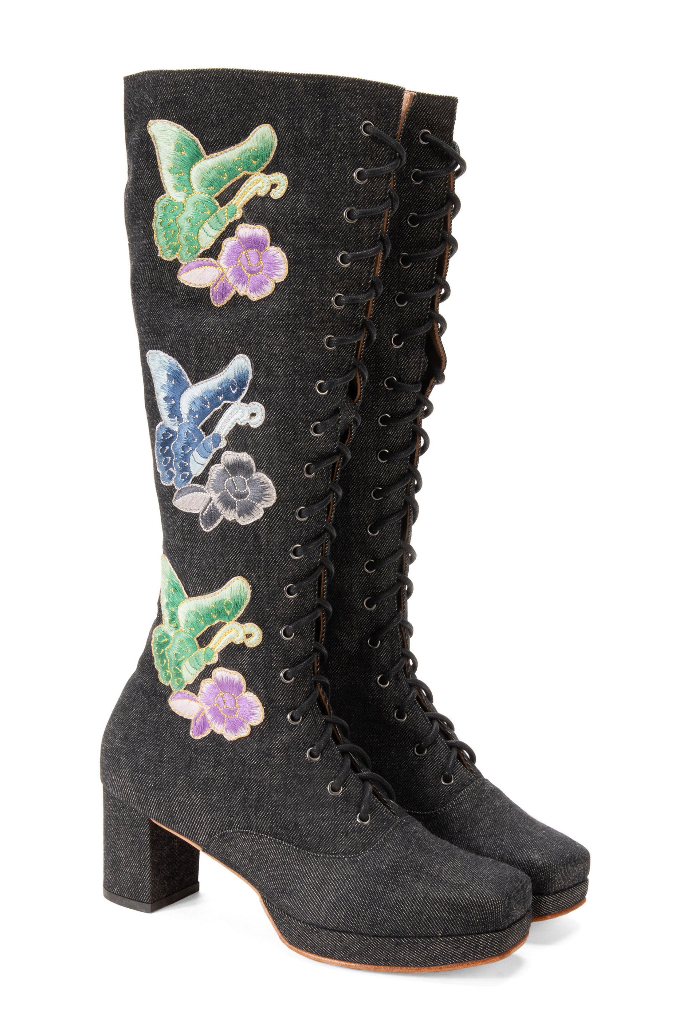 John Fluevog x Anna Sui Butterfly Boots - Black Denim - Anna Sui US