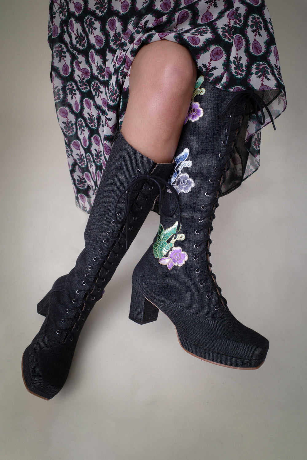 John Fluevog x Anna Sui Butterfly Boots - Black Denim - Anna Sui US