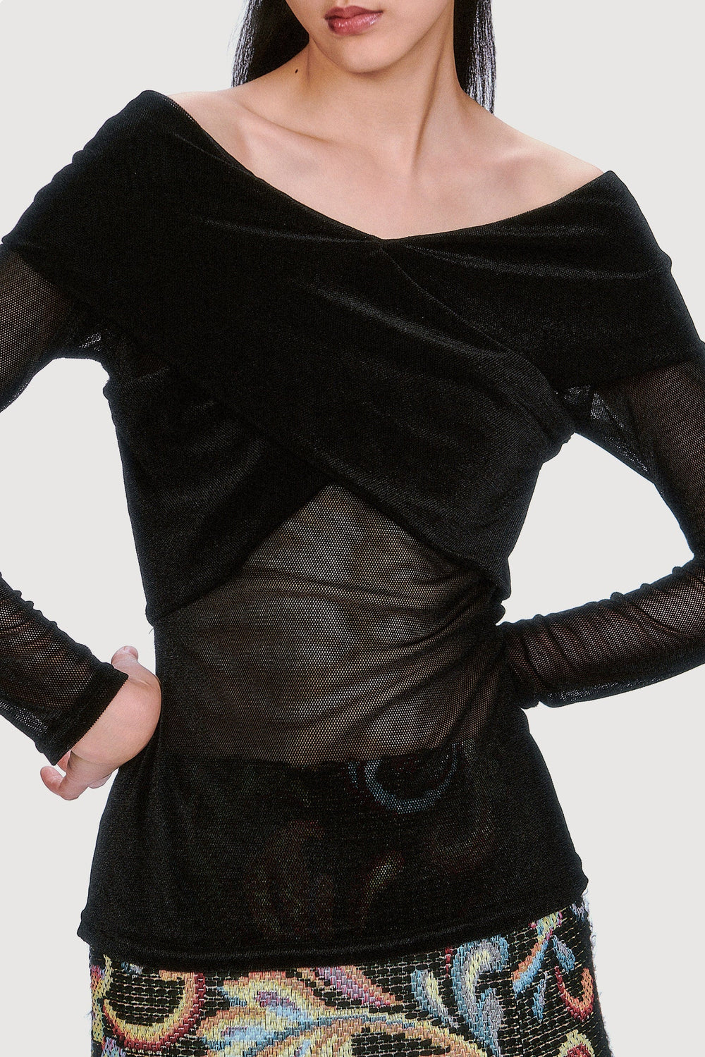 Velvet Mesh Off the Shoulder Top - Black - Anna Sui Discount