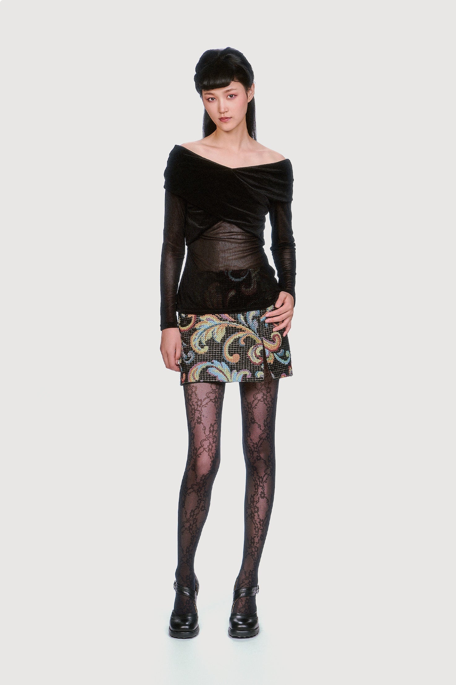 Velvet Mesh Off the Shoulder Top - Black - Anna Sui Discount