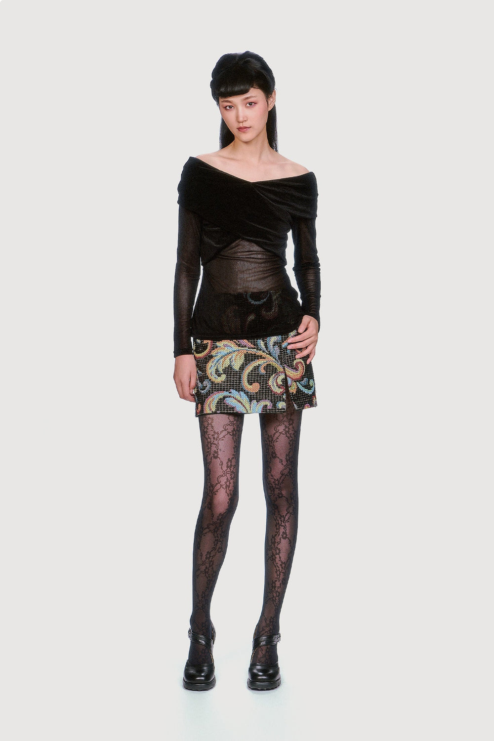 Velvet Mesh Off the Shoulder Top - Black - Anna Sui Discount