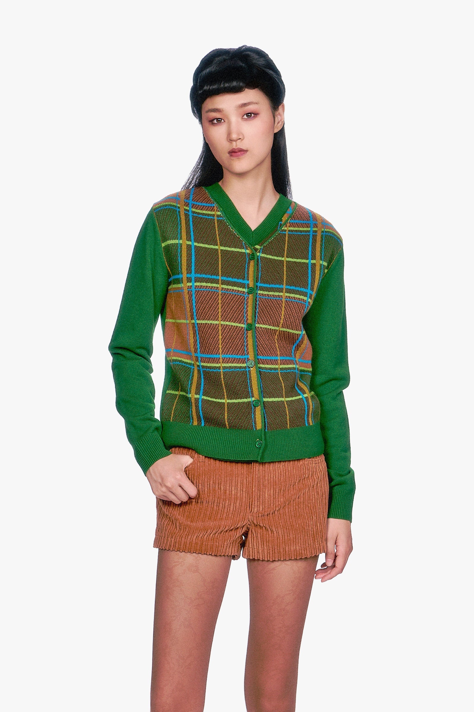 Plaid Cardigan - Leaf Green - Anna Sui Outlet