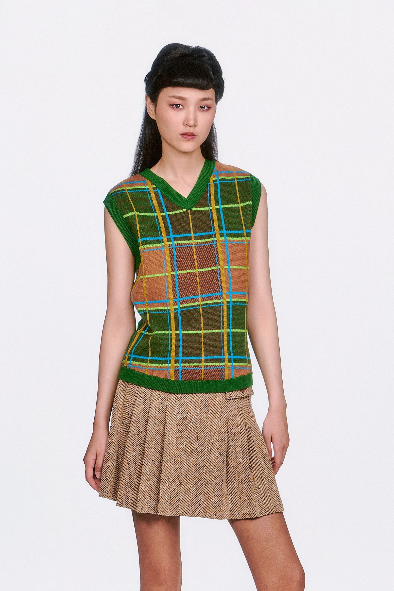 Plaid Sweater Vest - Leaf Green - Anna Sui Online