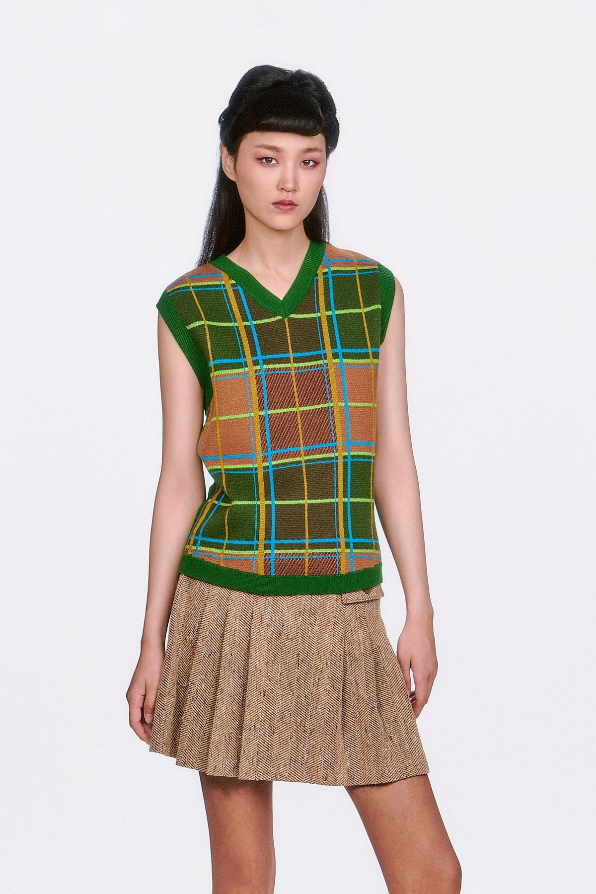 Plaid Sweater Vest - Leaf Green - Anna Sui Online