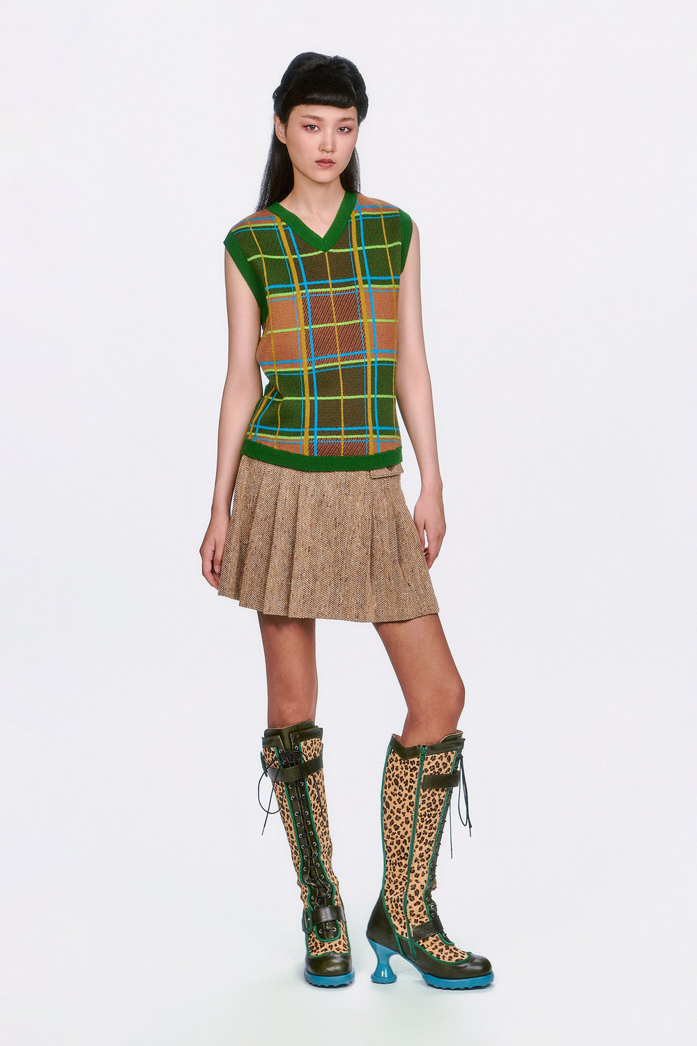 Plaid Sweater Vest - Leaf Green - Anna Sui Online