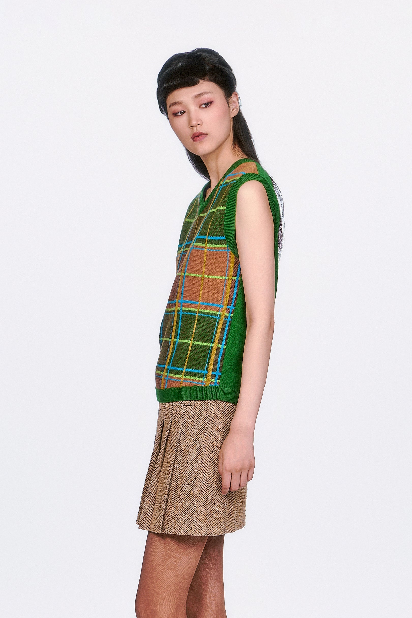 Plaid Sweater Vest - Leaf Green - Anna Sui Online