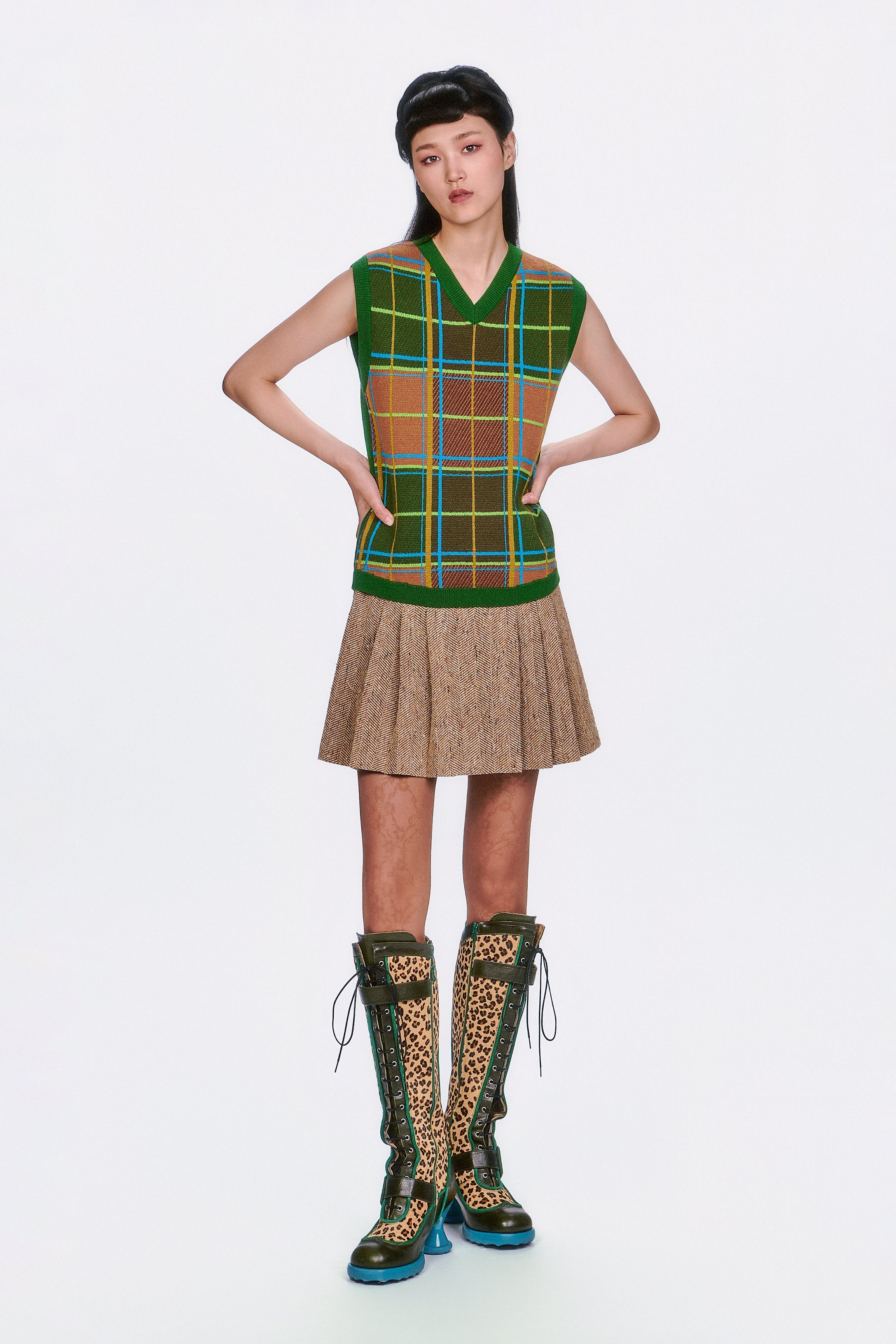 Plaid Sweater Vest - Leaf Green - Anna Sui Online