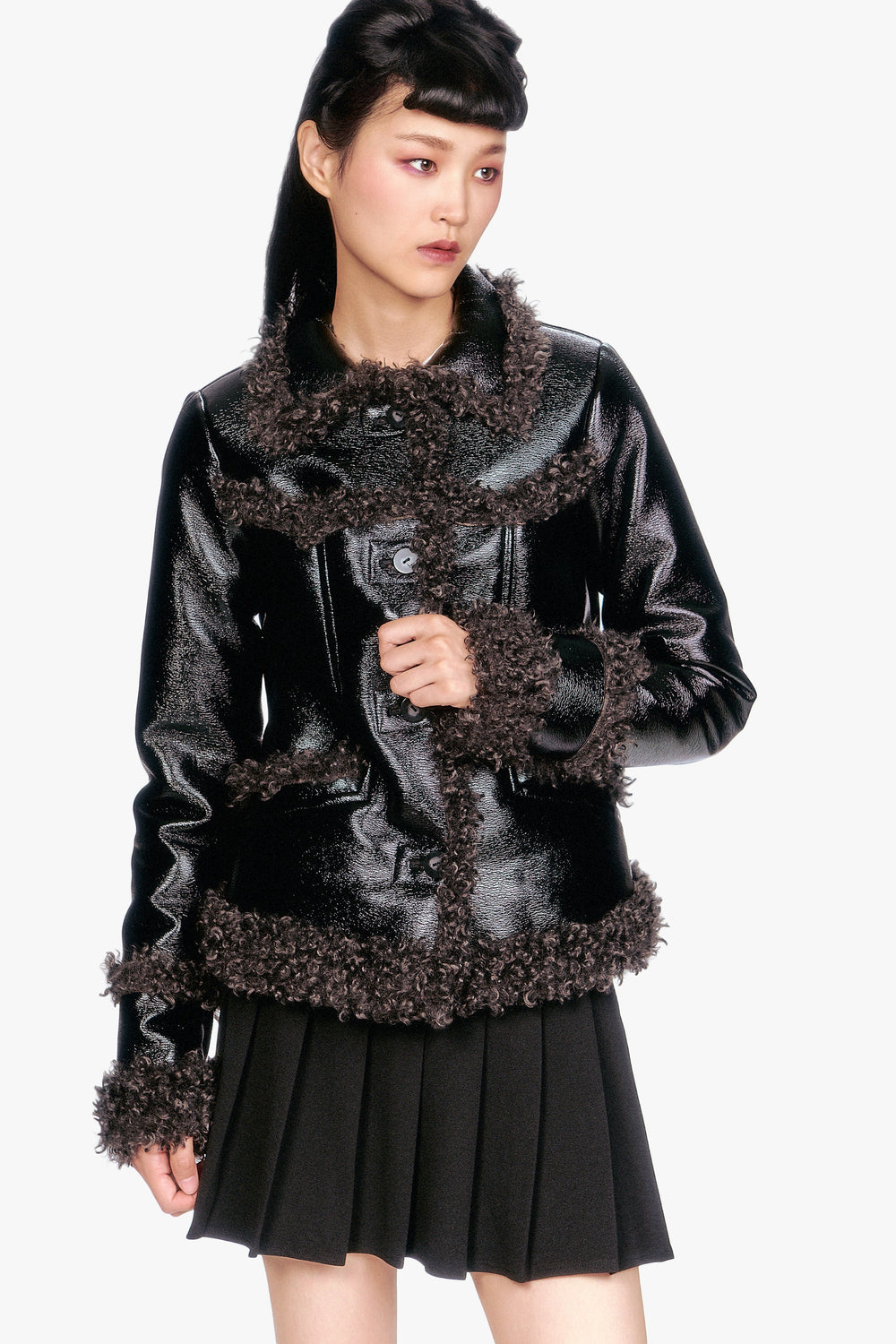 Faux Leather W/ Curly Lamb Trim Jacket - Anna Sui US