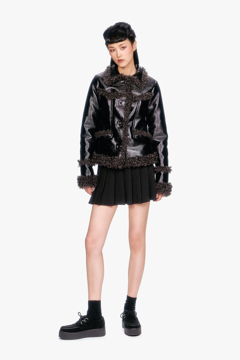 Faux Leather W/ Curly Lamb Trim Jacket - Anna Sui US