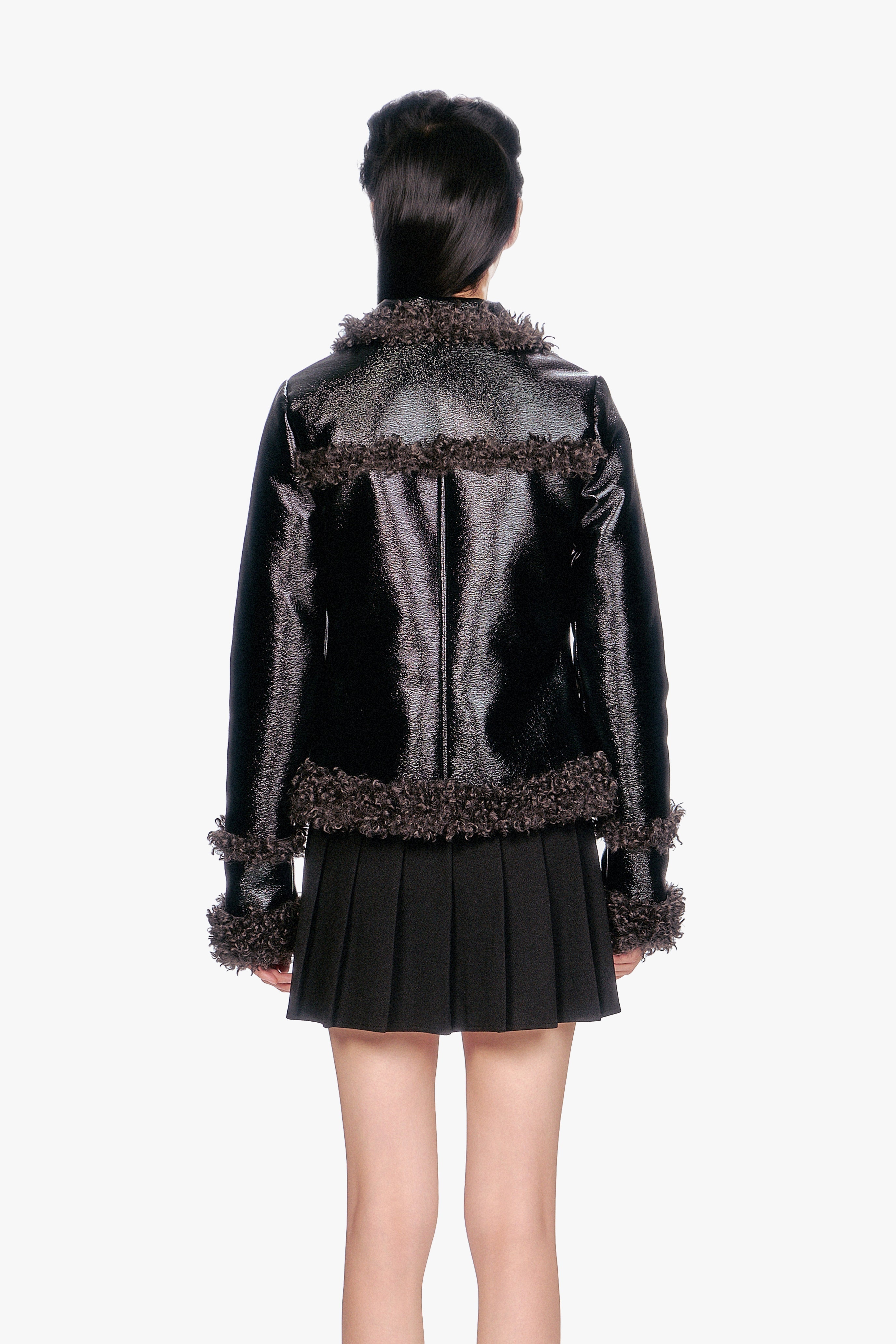 Faux Leather W/ Curly Lamb Trim Jacket - Anna Sui US