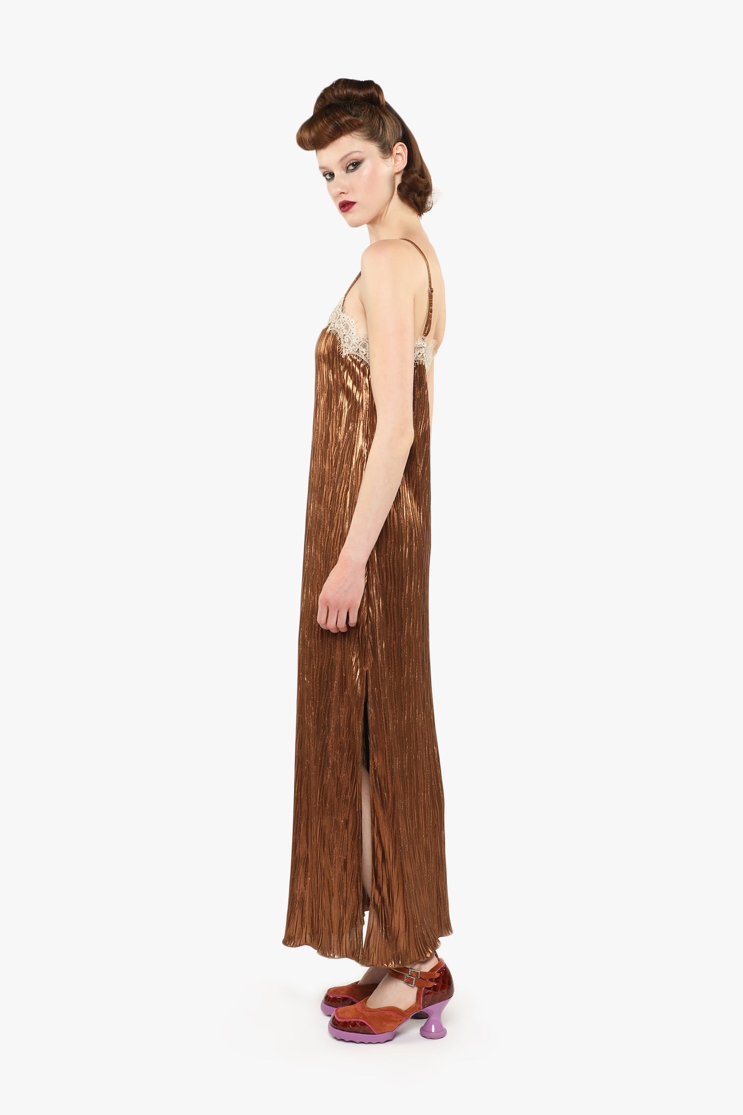 Pleats Lace Slip Dress - Anna Sui US