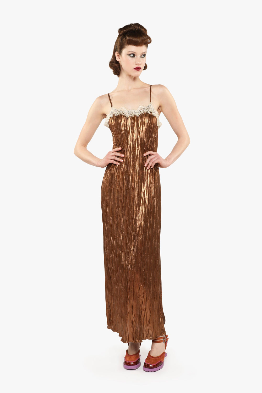 Pleats Lace Slip Dress - Anna Sui US