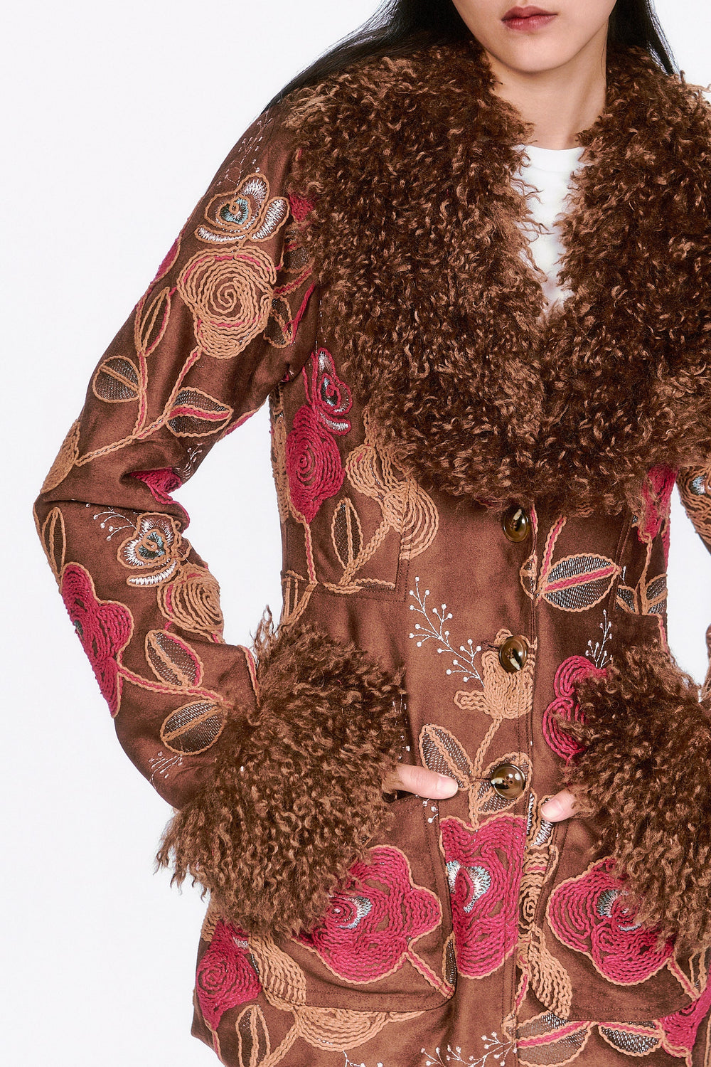 Poiret Rose Embroidered Faux Suede Faux Fur Trim Jacket - Anna Sui Outlet