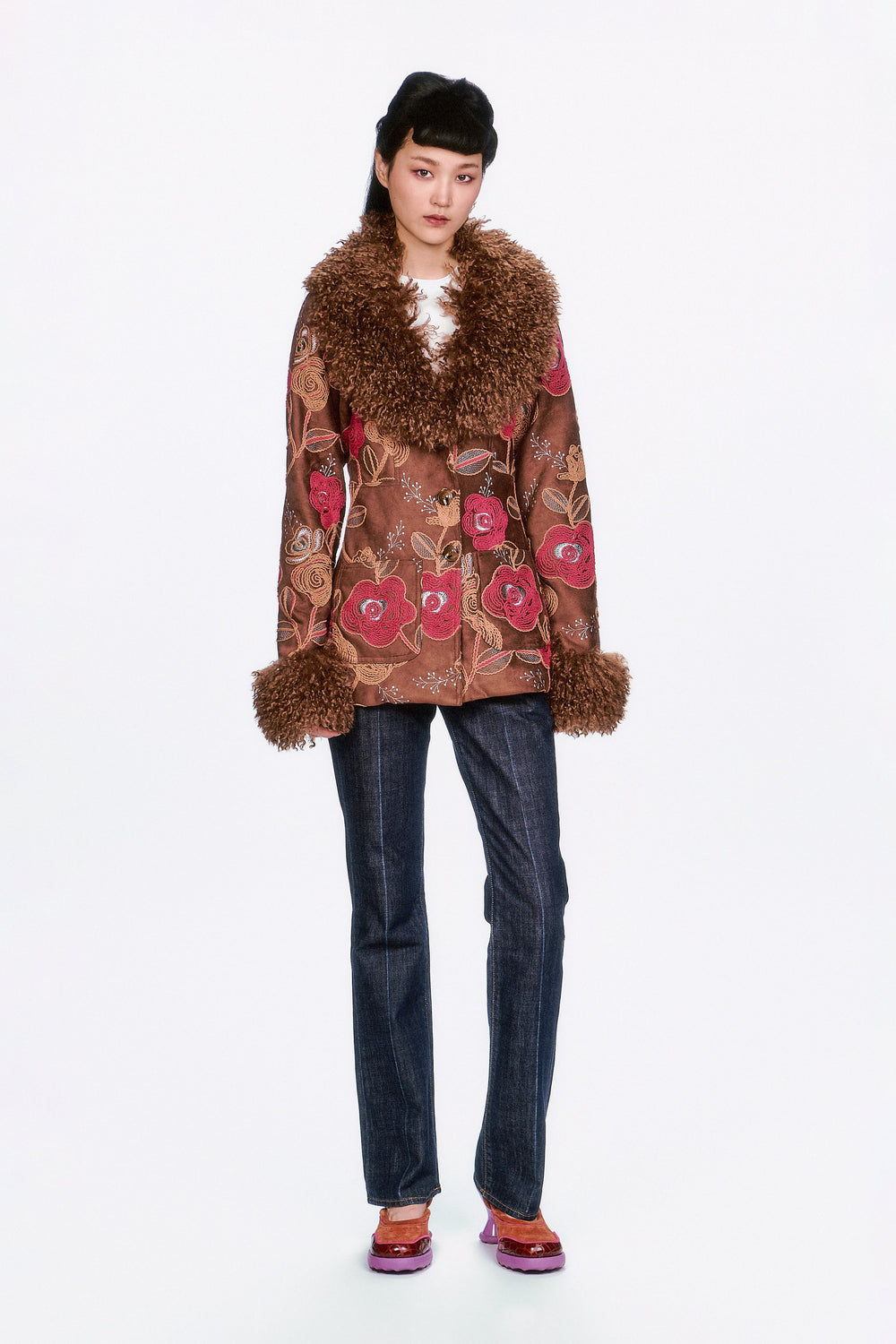Poiret Rose Embroidered Faux Suede Faux Fur Trim Jacket - Anna Sui Outlet