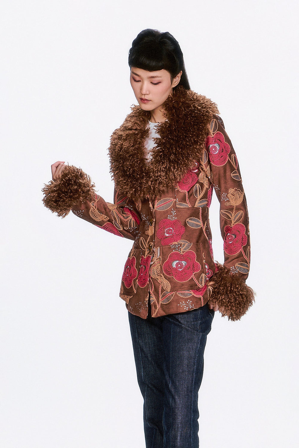 Poiret Rose Embroidered Faux Suede Faux Fur Trim Jacket - Anna Sui Outlet