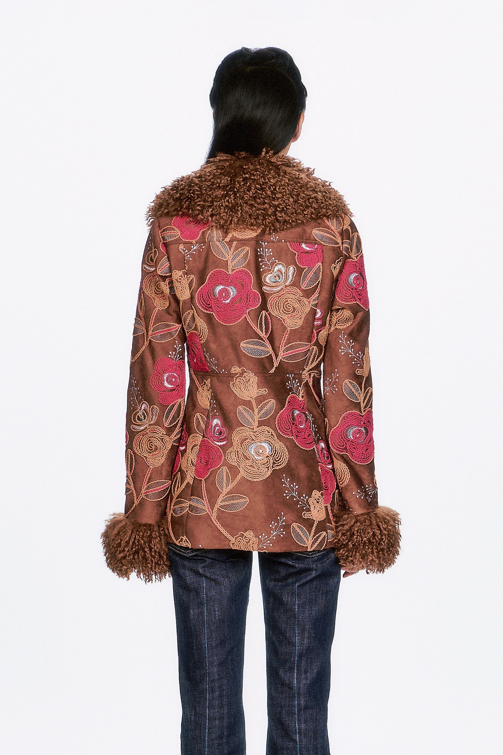 Poiret Rose Embroidered Faux Suede Faux Fur Trim Jacket - Anna Sui Outlet