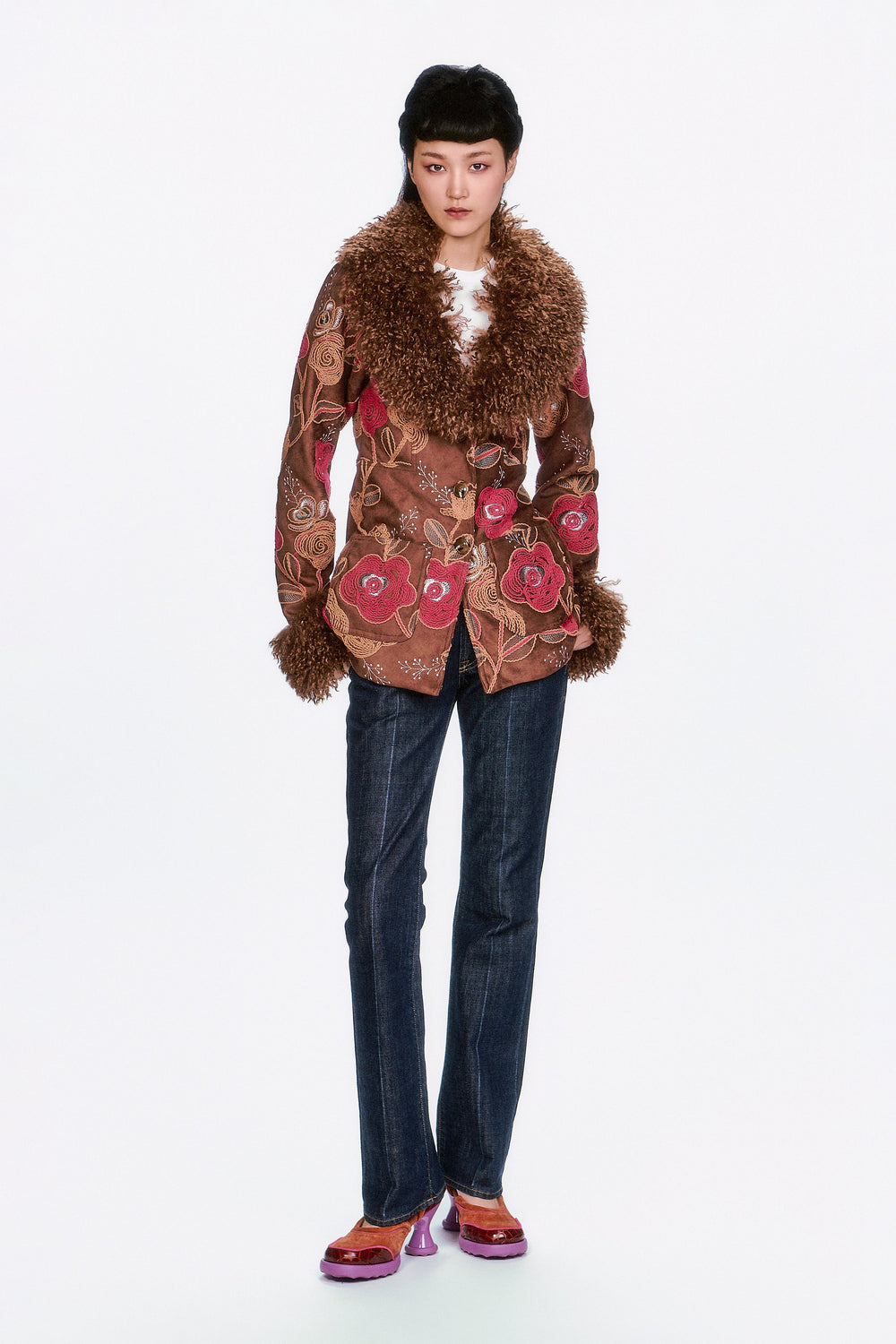 Poiret Rose Embroidered Faux Suede Faux Fur Trim Jacket - Anna Sui Outlet