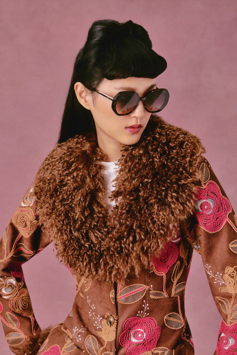 Poiret Rose Embroidered Faux Suede Faux Fur Trim Jacket - Anna Sui Outlet