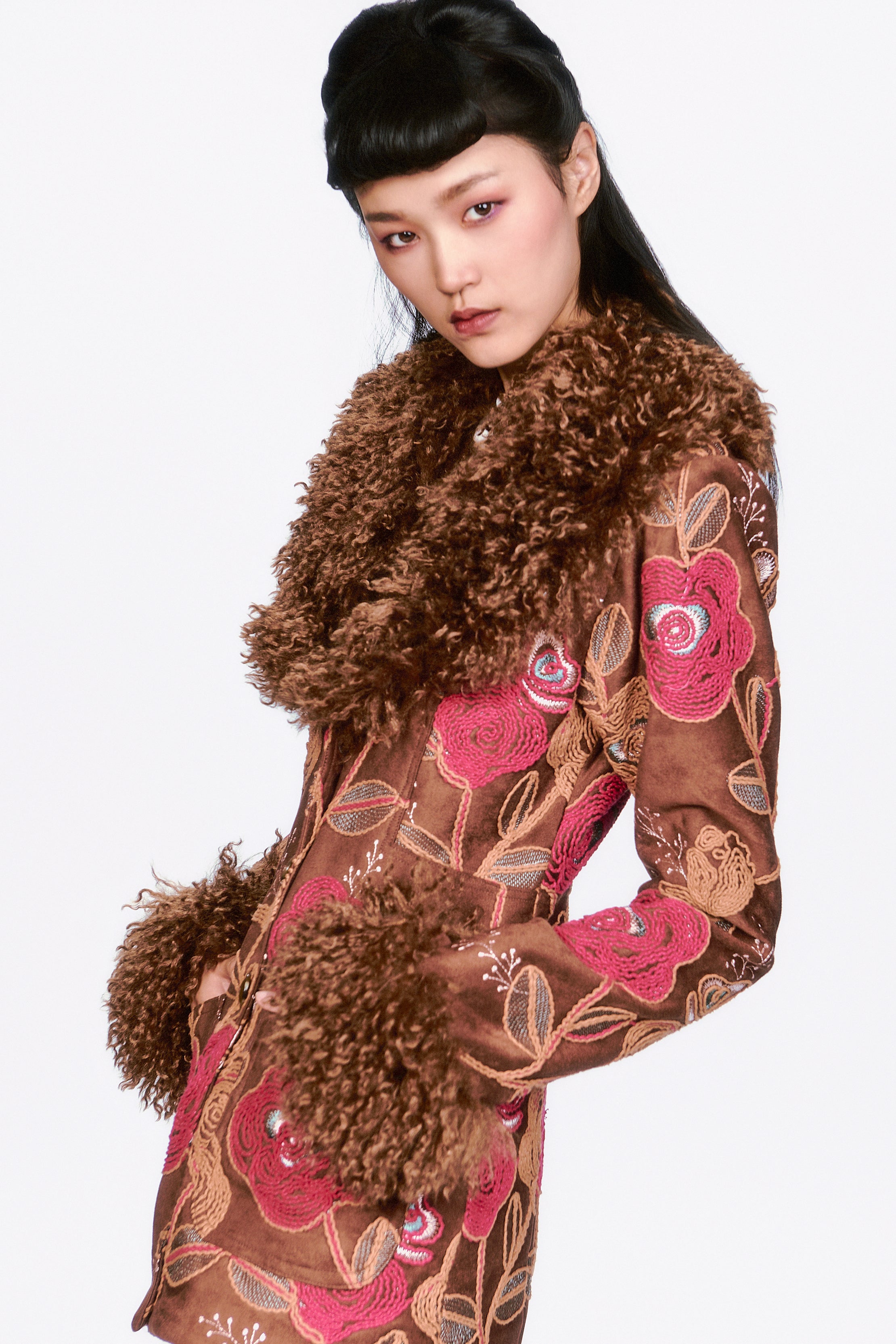 Poiret Rose Embroidered Faux Suede Faux Fur Trim Jacket - Anna Sui Outlet