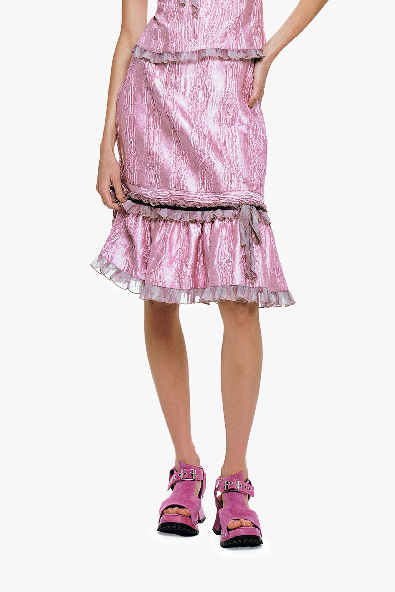 Crushed Satin Ruffle Midi Skirt - Anna Sui Outlet