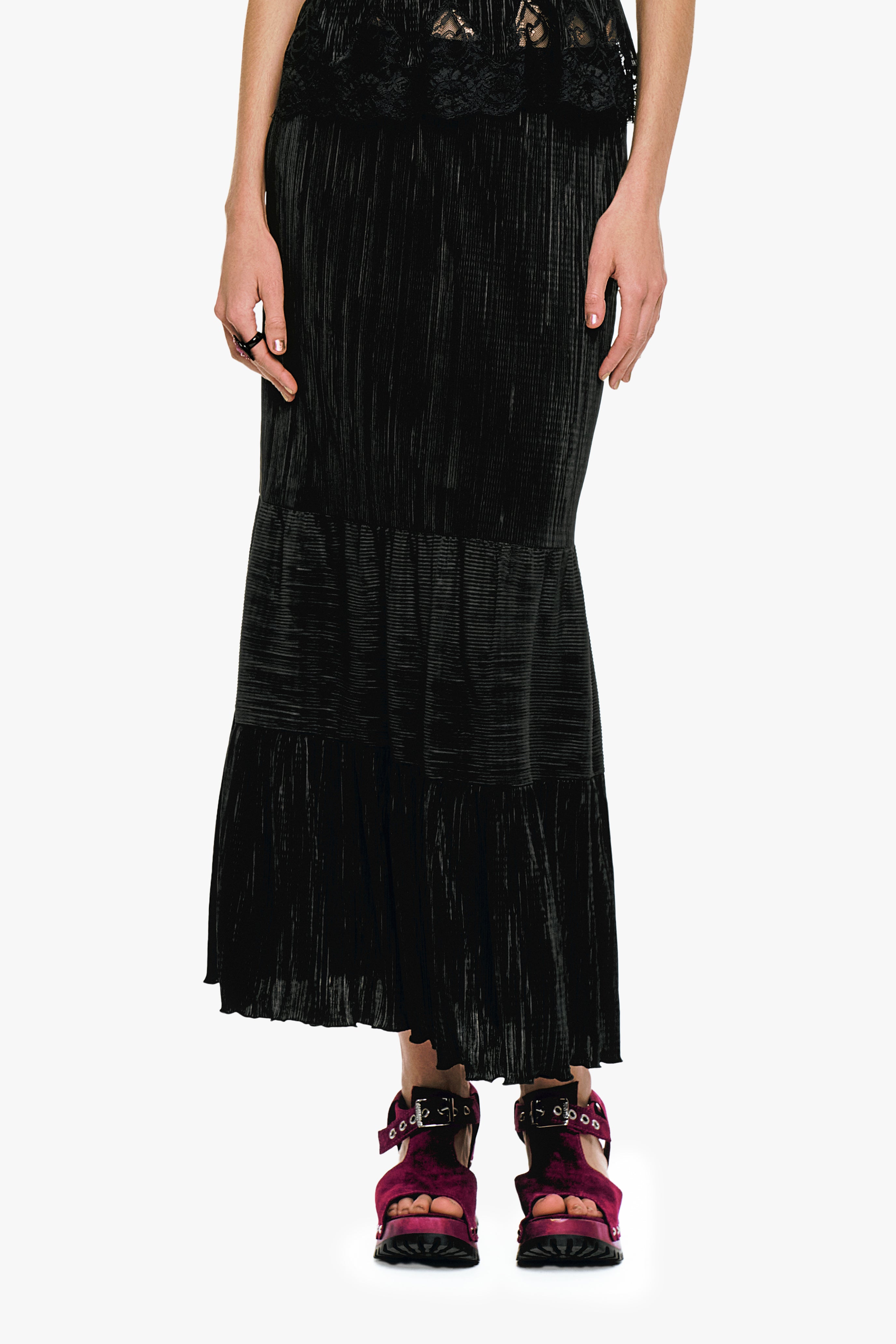Plissé Tiered Maxi Skirt - Black - Anna Sui Sale