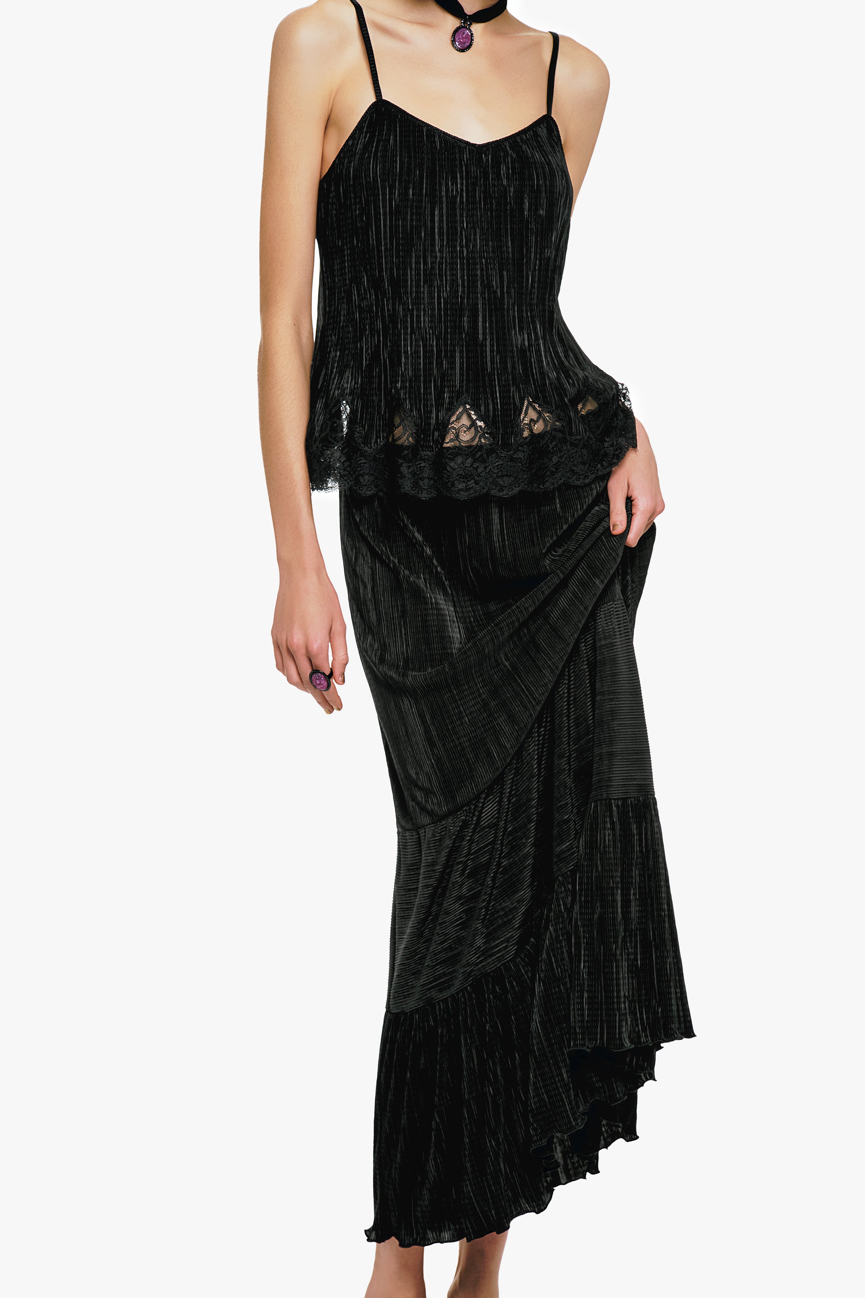 Plissé Tiered Maxi Skirt - Black - Anna Sui Sale