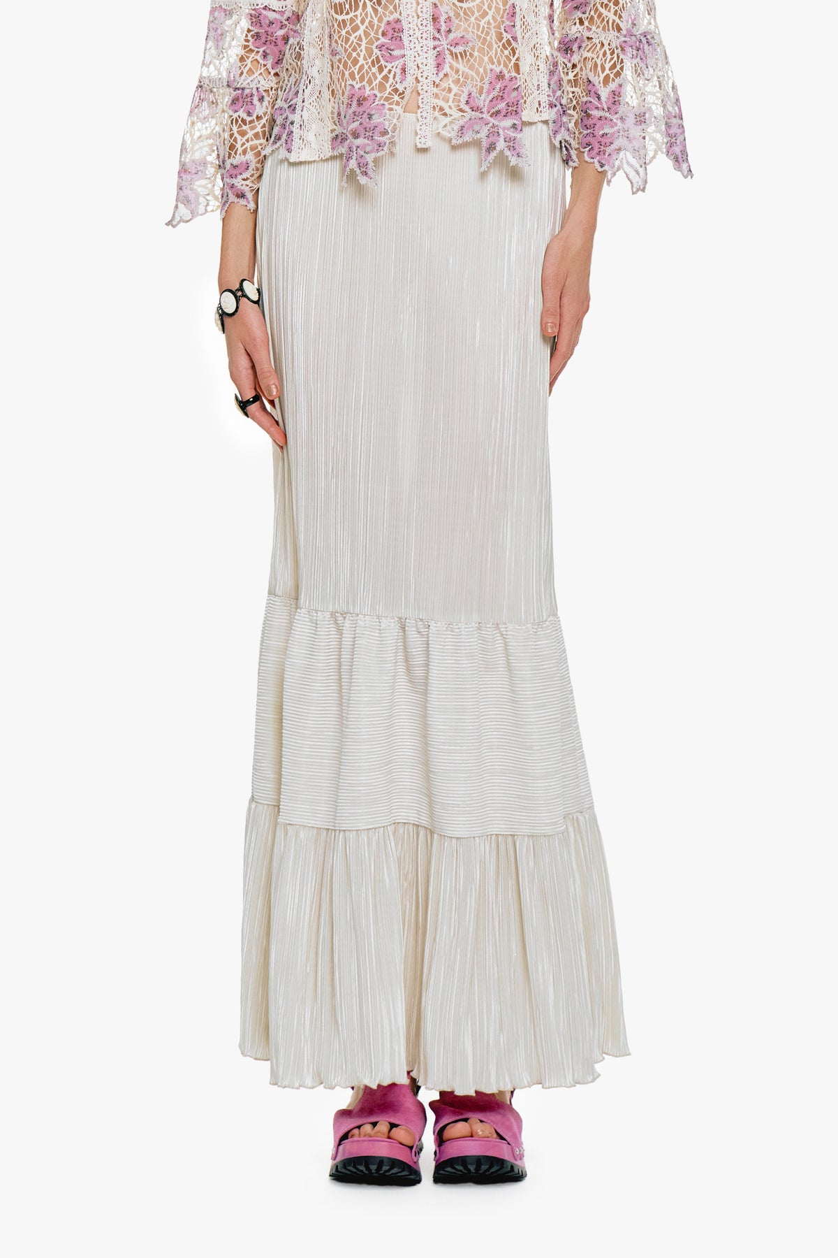 Plissé Tiered Maxi Skirt - Cream - Anna Sui Online