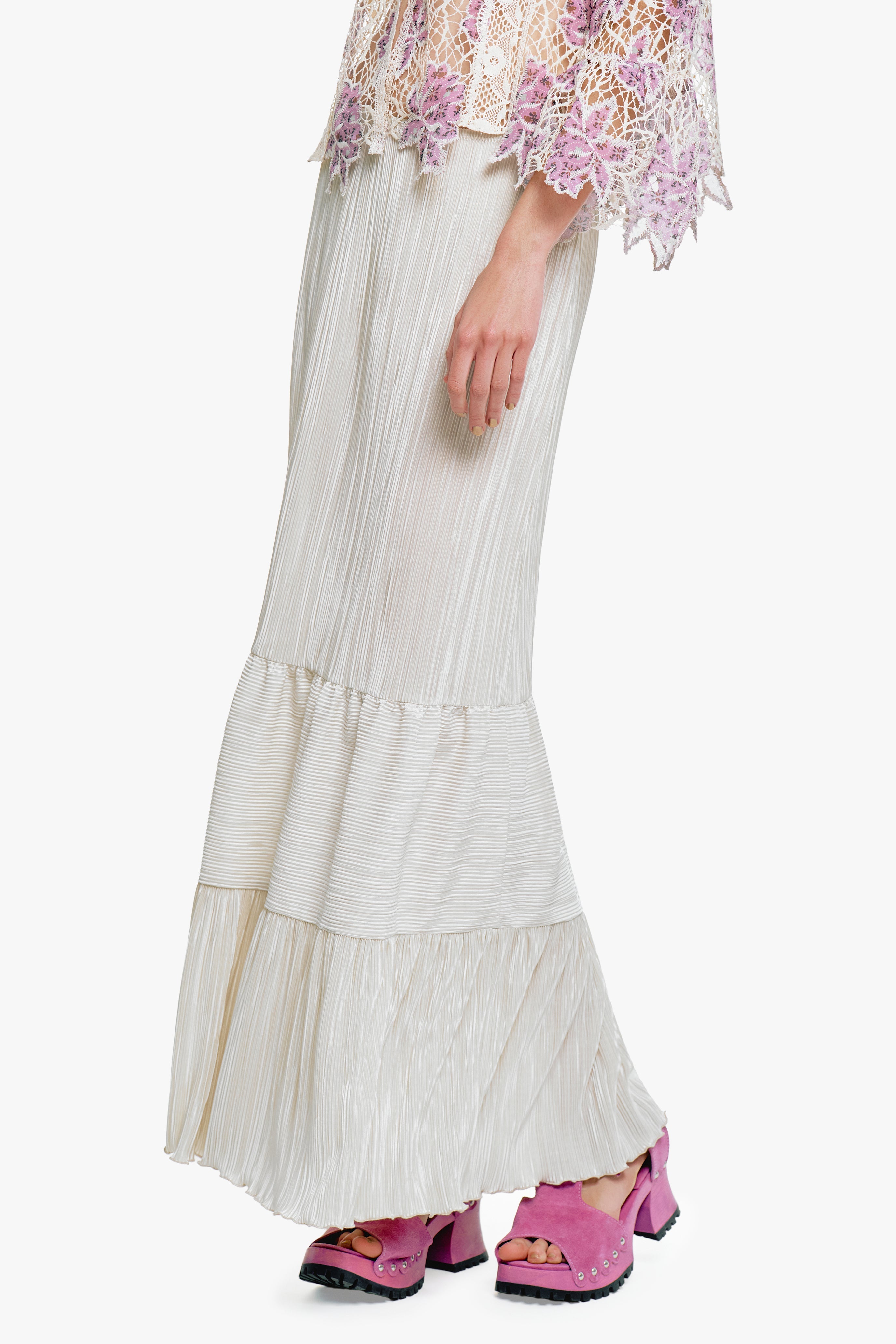 Plissé Tiered Maxi Skirt - Cream - Anna Sui Online