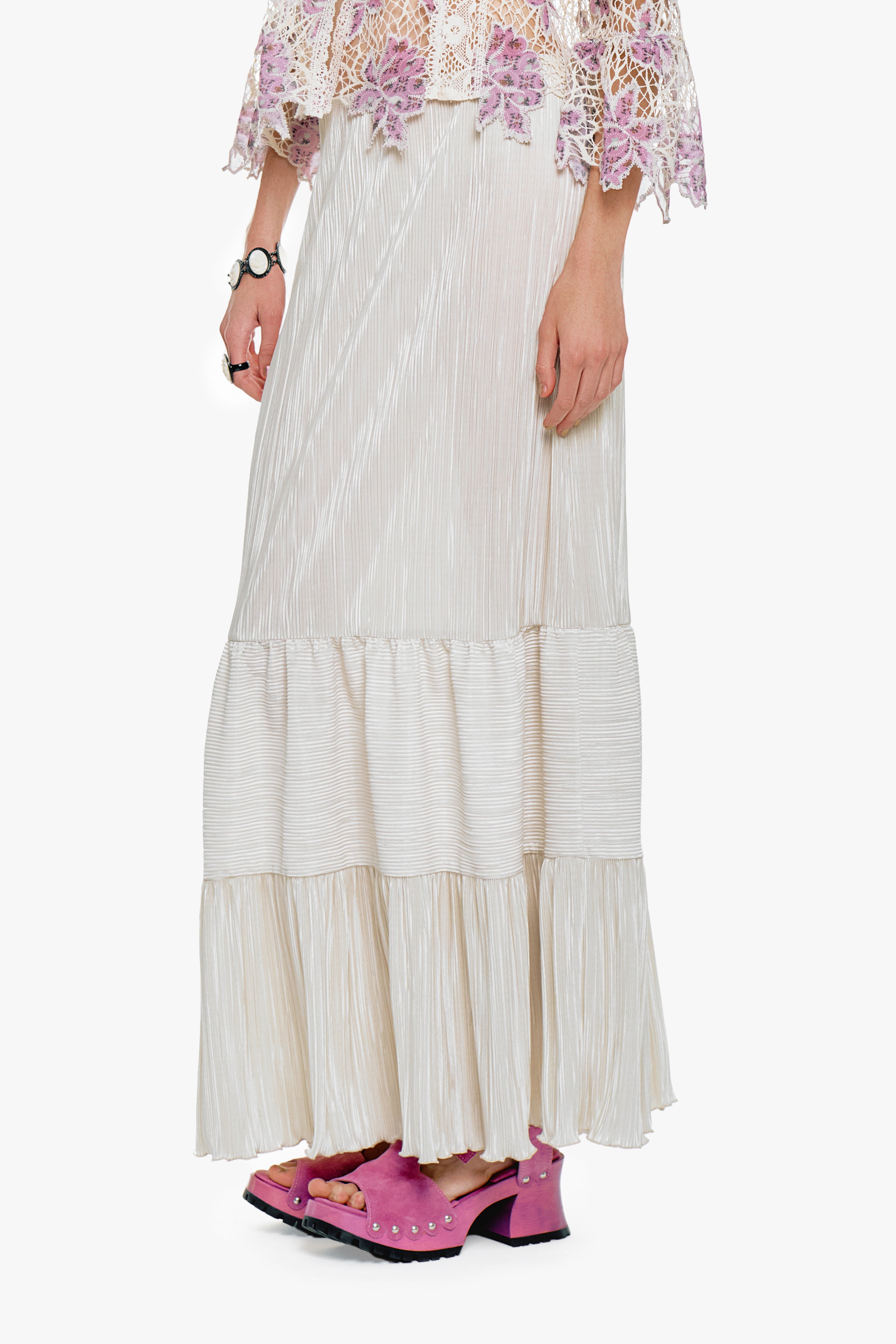 Plissé Tiered Maxi Skirt - Cream - Anna Sui Online