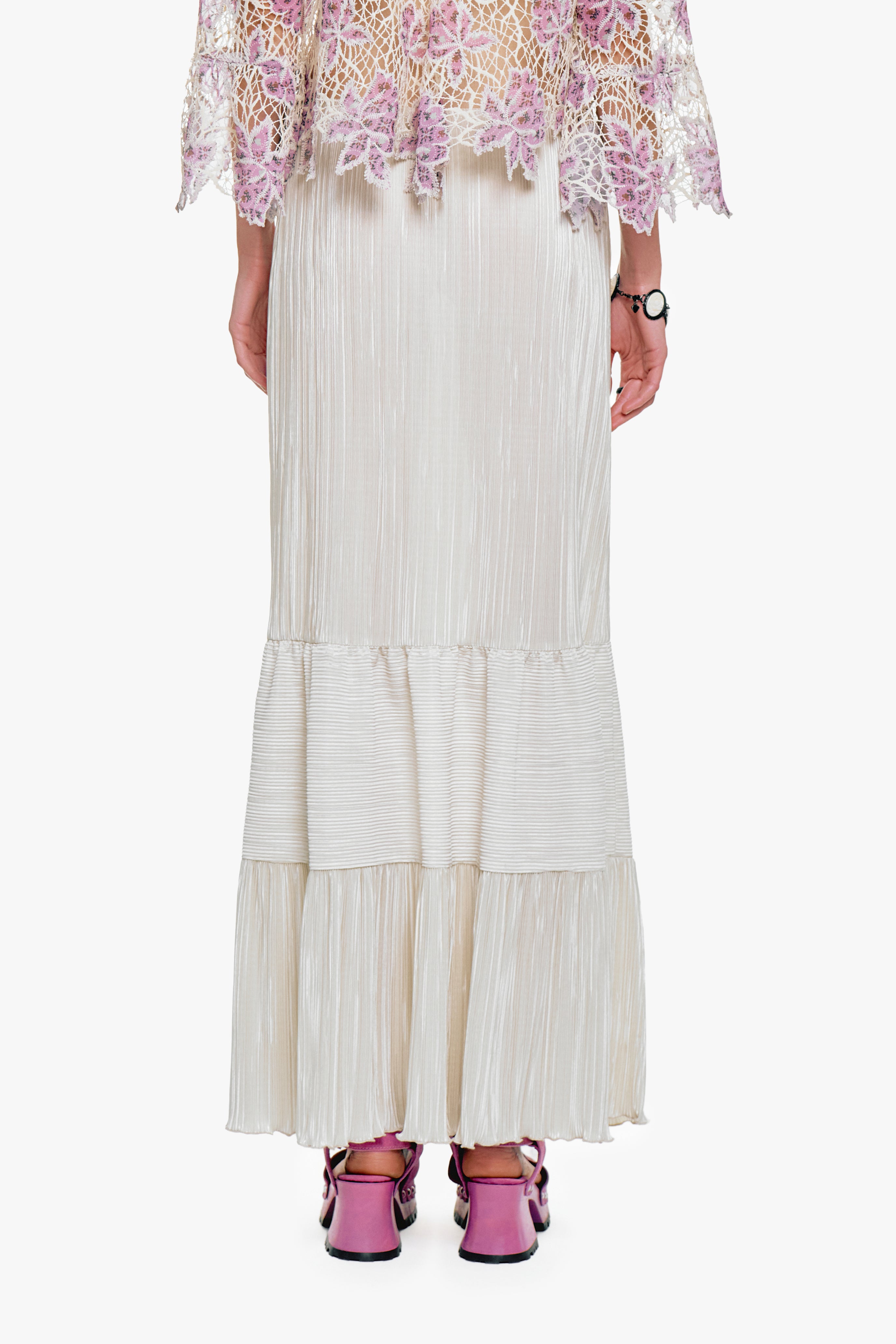 Plissé Tiered Maxi Skirt - Cream - Anna Sui Online
