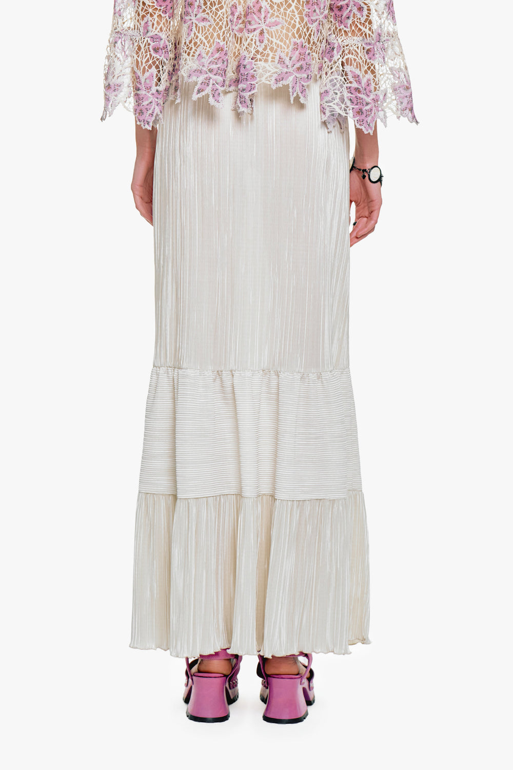 Plissé Tiered Maxi Skirt - Cream - Anna Sui Online