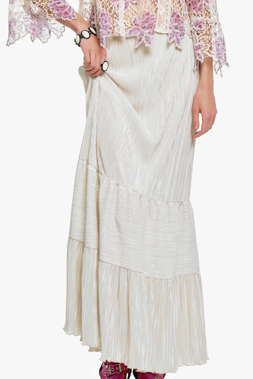 Plissé Tiered Maxi Skirt - Cream - Anna Sui Online