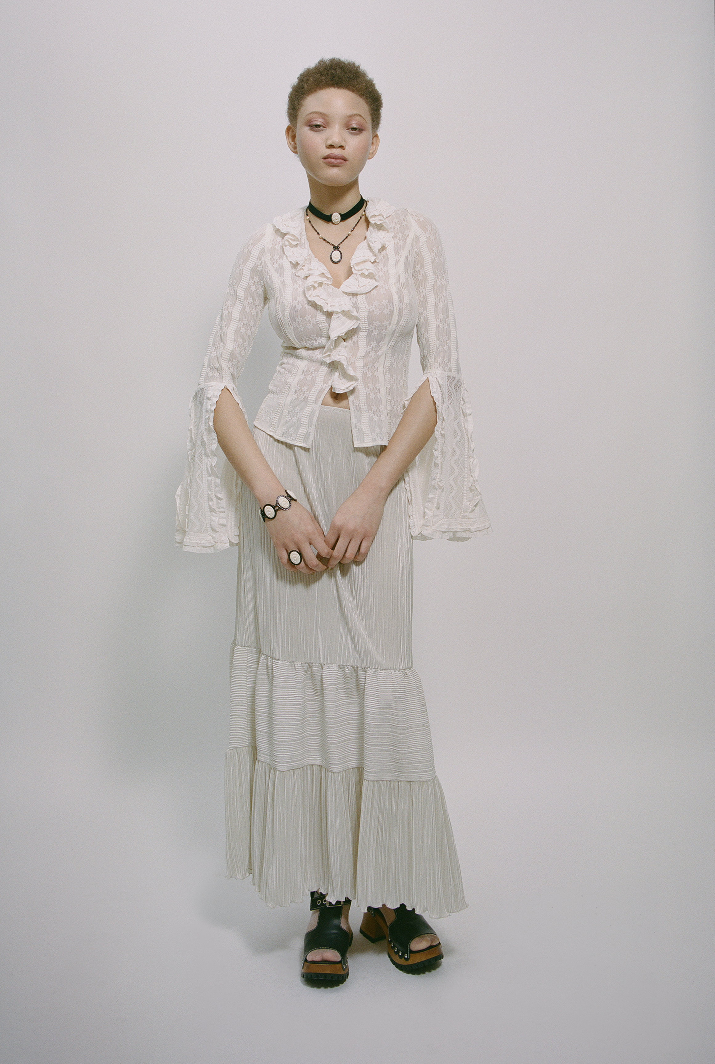 Plissé Tiered Maxi Skirt - Cream - Anna Sui Online