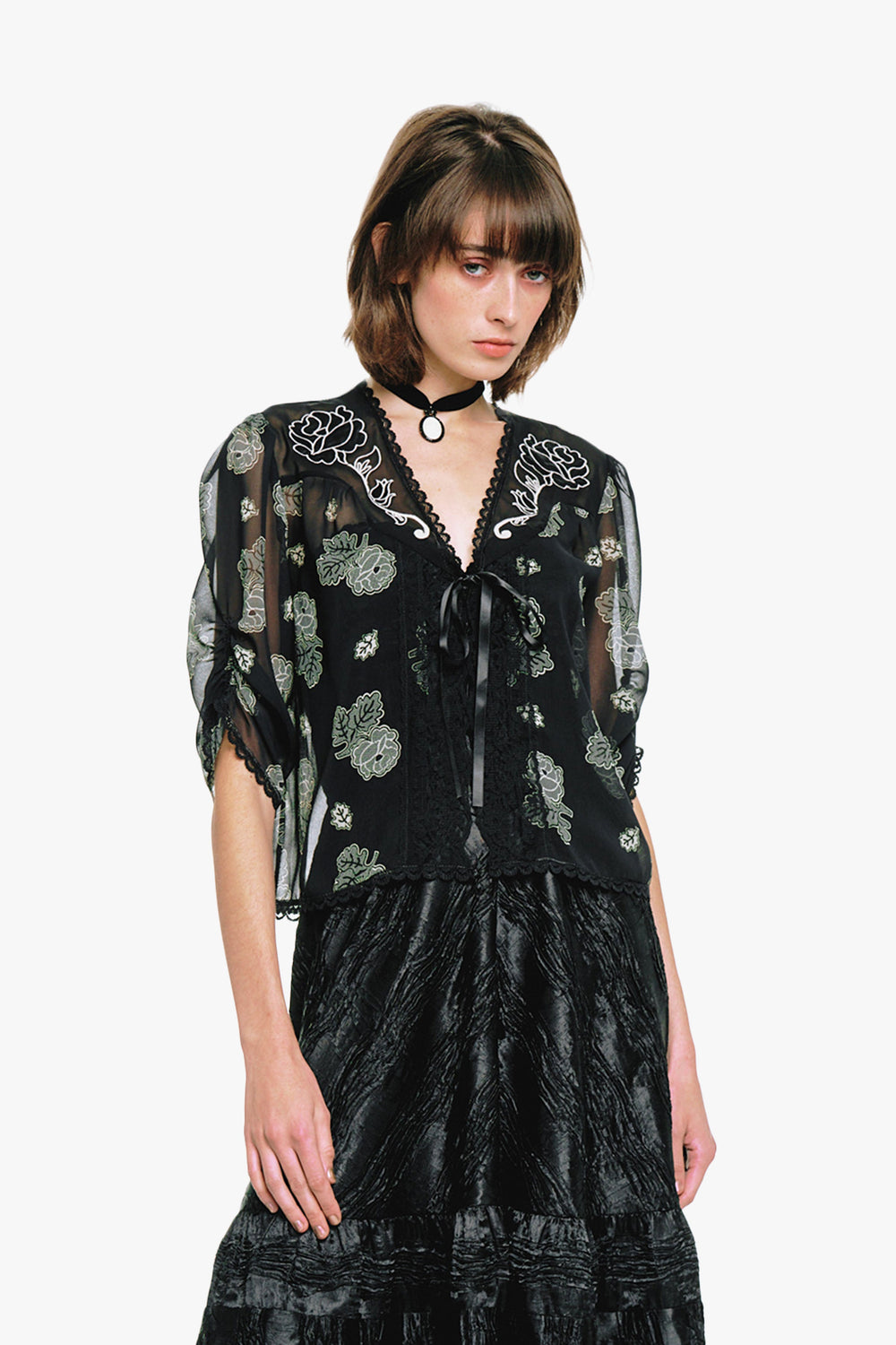 Lily and Roses Chiffon Combo Embroidered Bed Jacket - Anna Sui Online