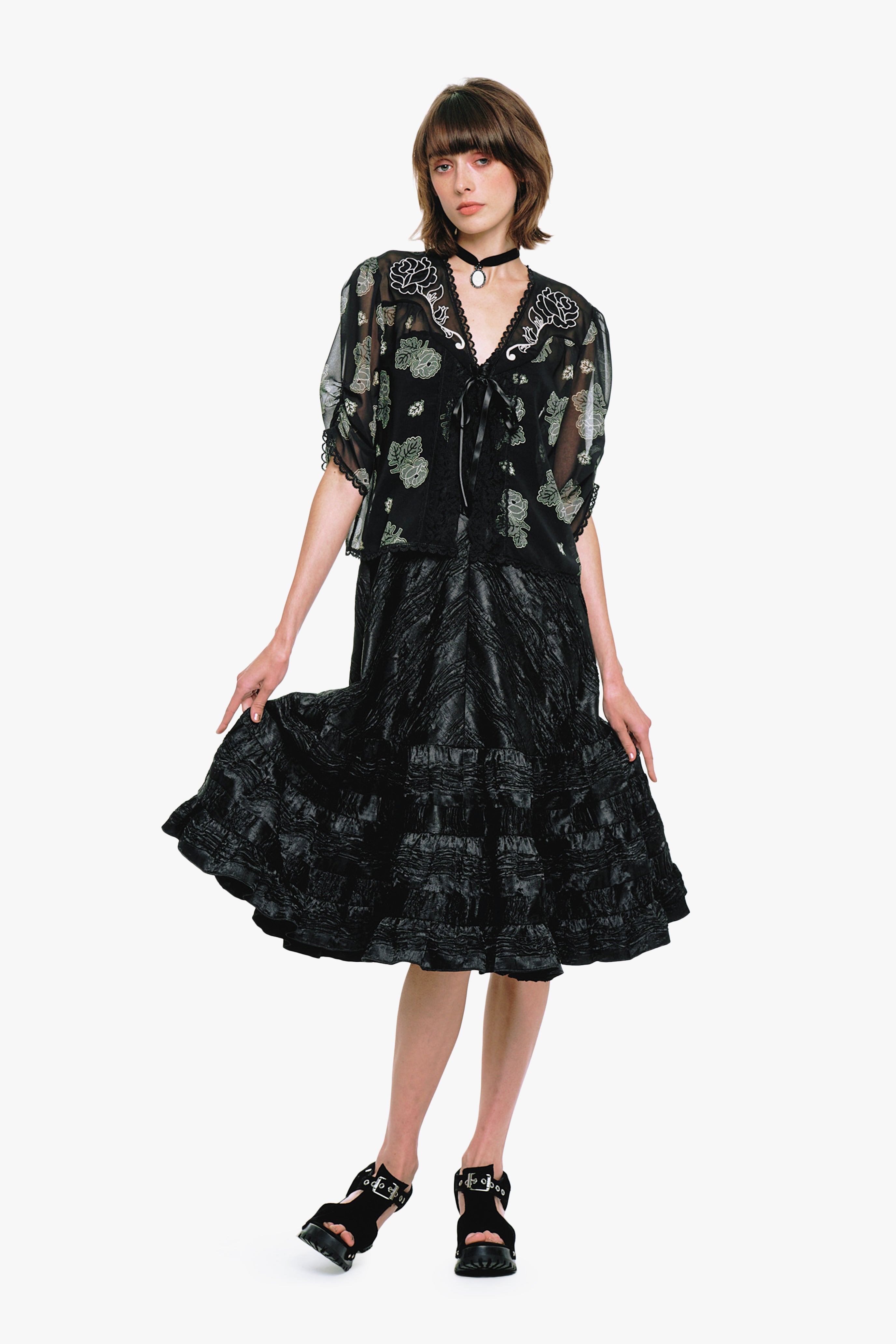 Lily and Roses Chiffon Combo Embroidered Bed Jacket - Anna Sui Online