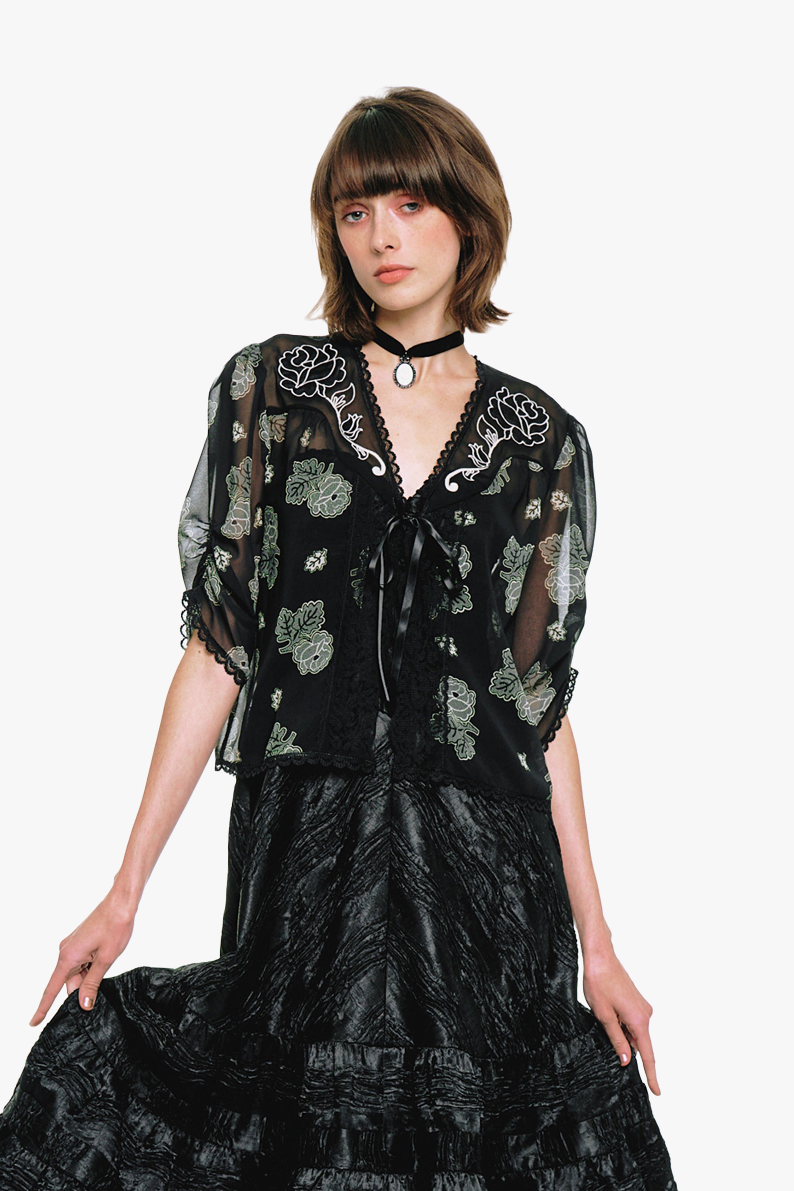 Lily and Roses Chiffon Combo Embroidered Bed Jacket - Anna Sui Online