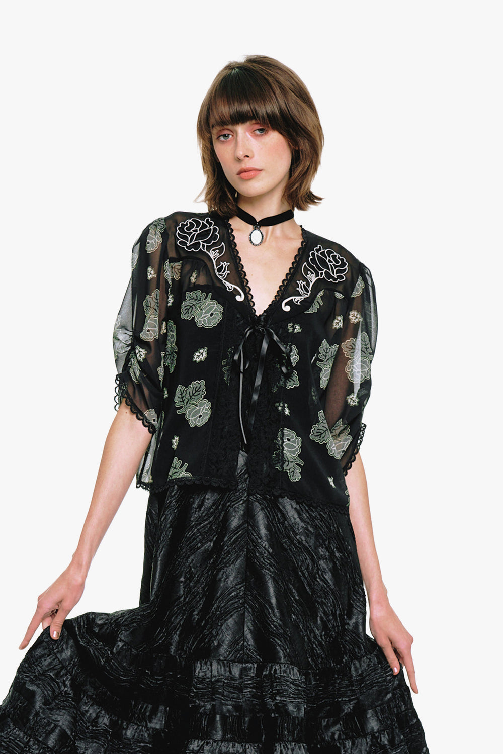 Lily and Roses Chiffon Combo Embroidered Bed Jacket - Anna Sui Online