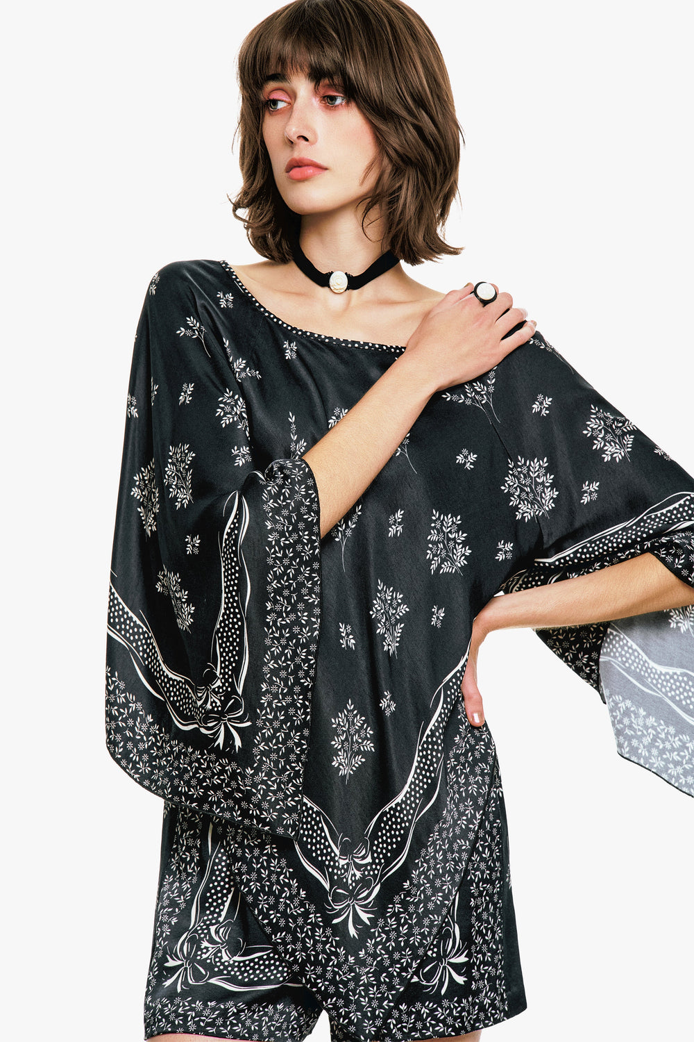 Ribbon Handkerchief Satin Print Poncho - Anna Sui US