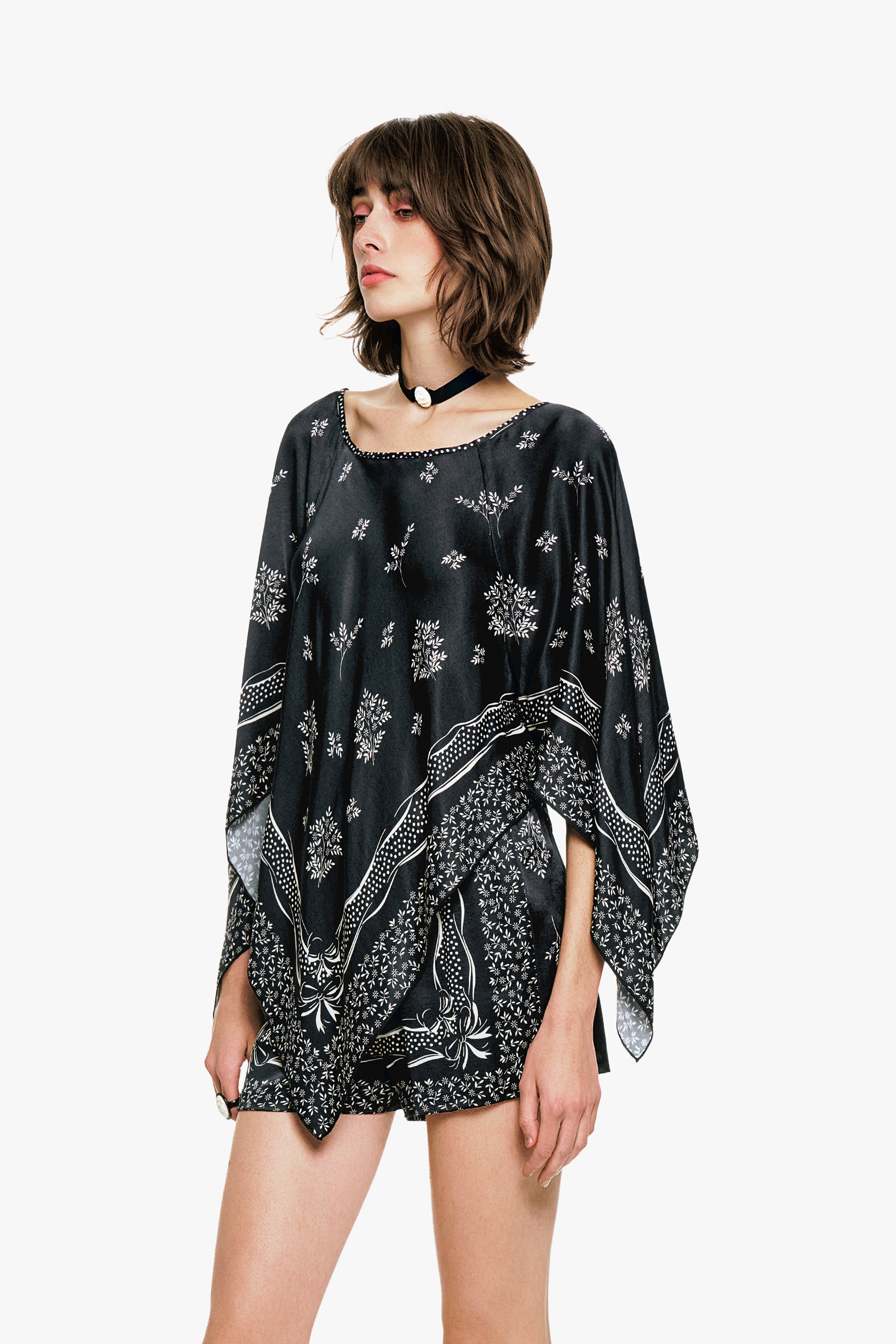 Ribbon Handkerchief Satin Print Poncho - Anna Sui US