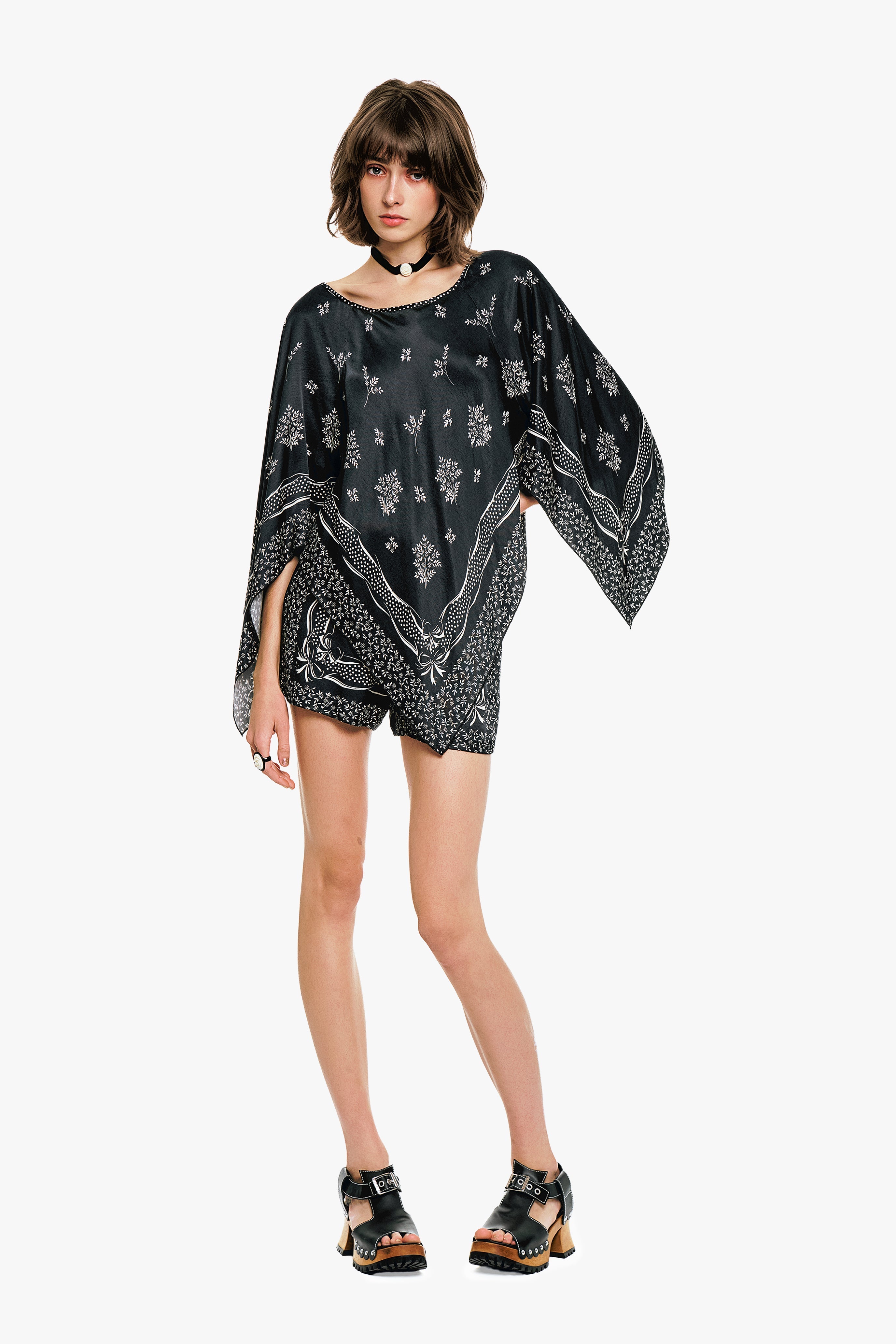 Ribbon Handkerchief Satin Print Poncho - Anna Sui US