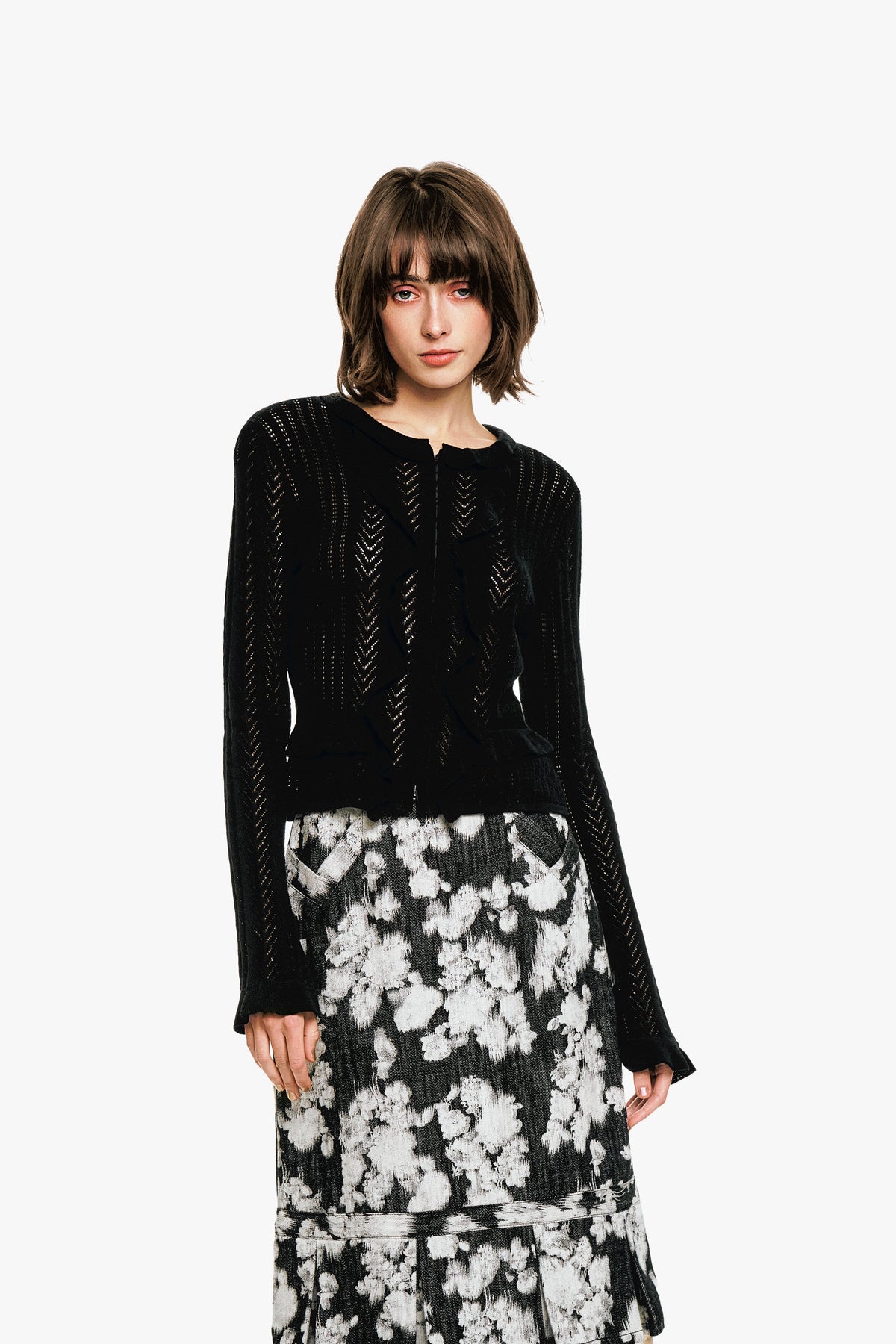 Victorian Pointelle Knitwear Cardigan - Black - Anna Sui Online