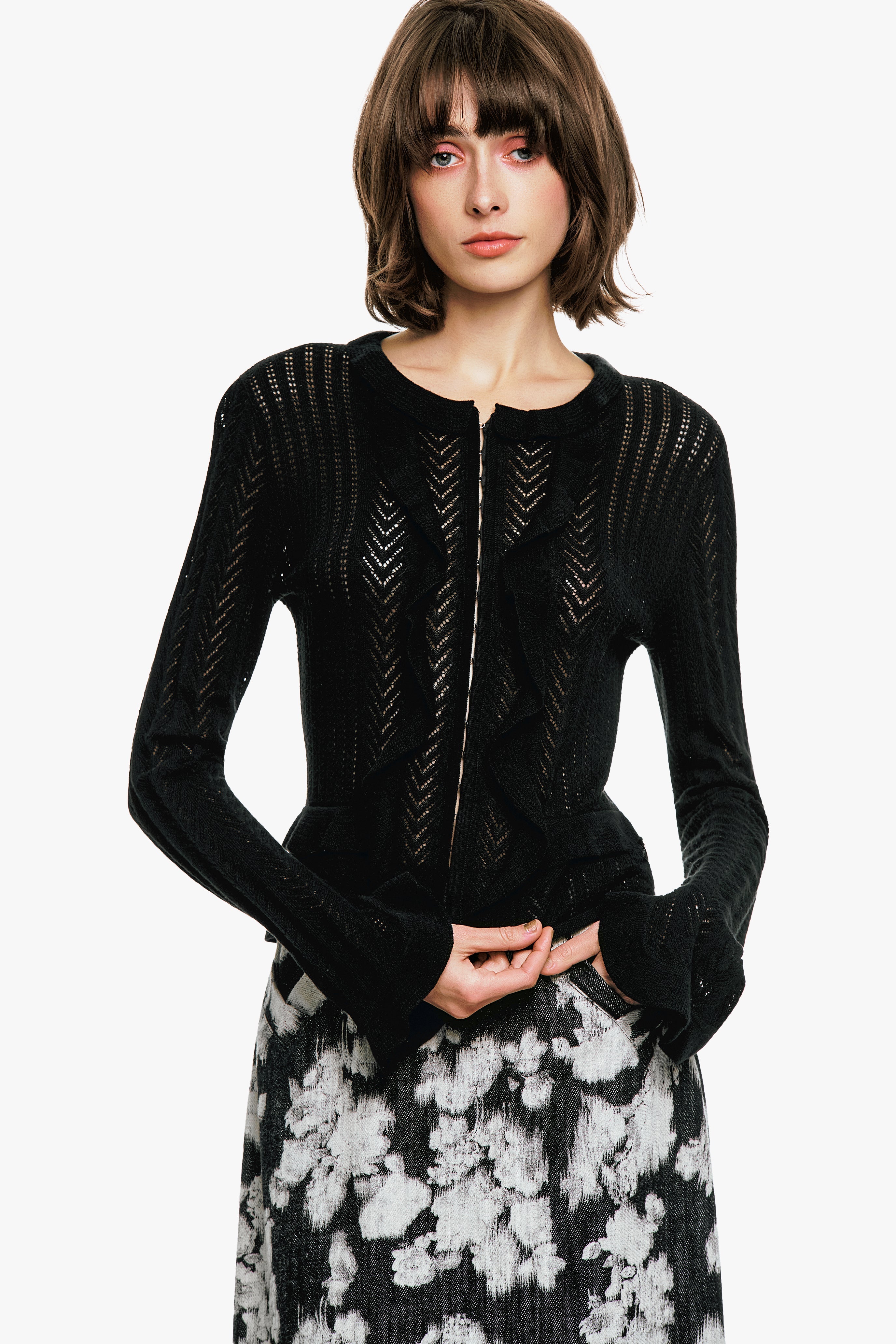 Victorian Pointelle Knitwear Cardigan - Black - Anna Sui Online