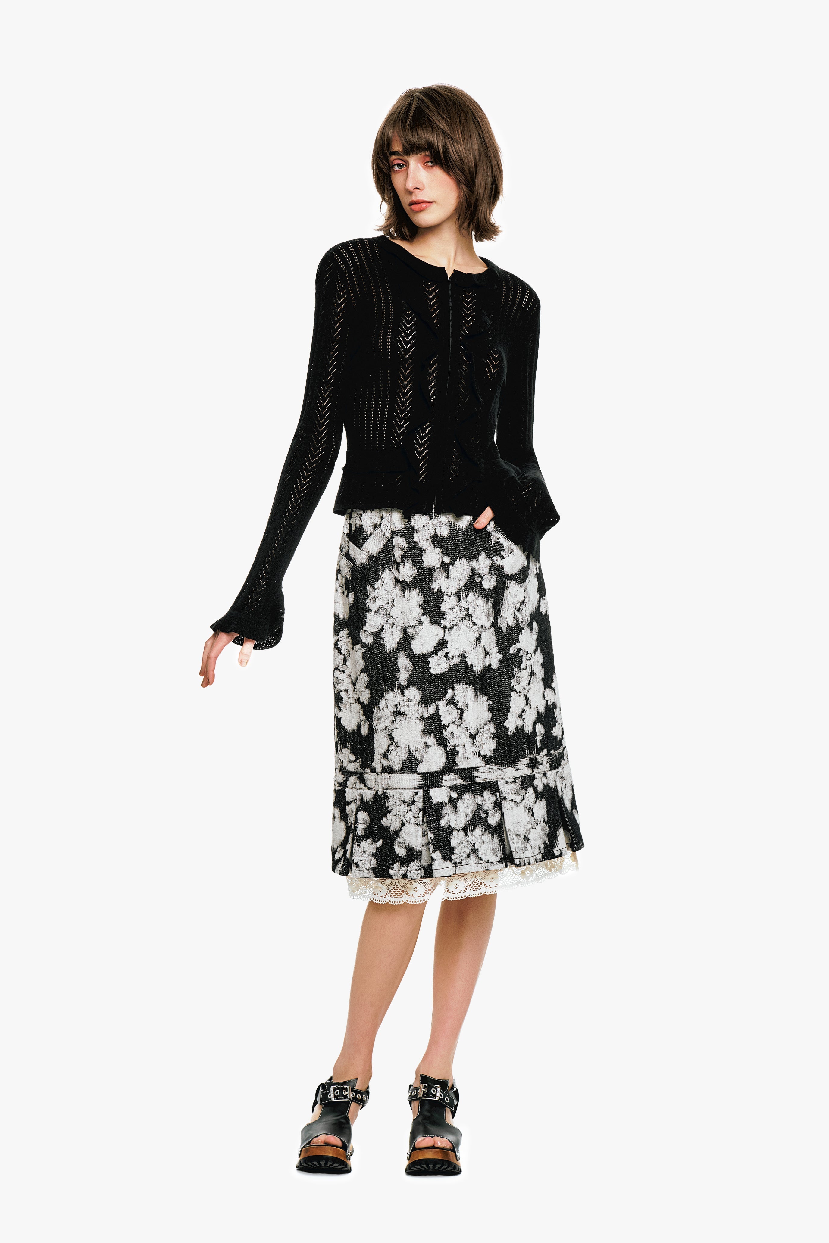 Victorian Pointelle Knitwear Cardigan - Black - Anna Sui Online
