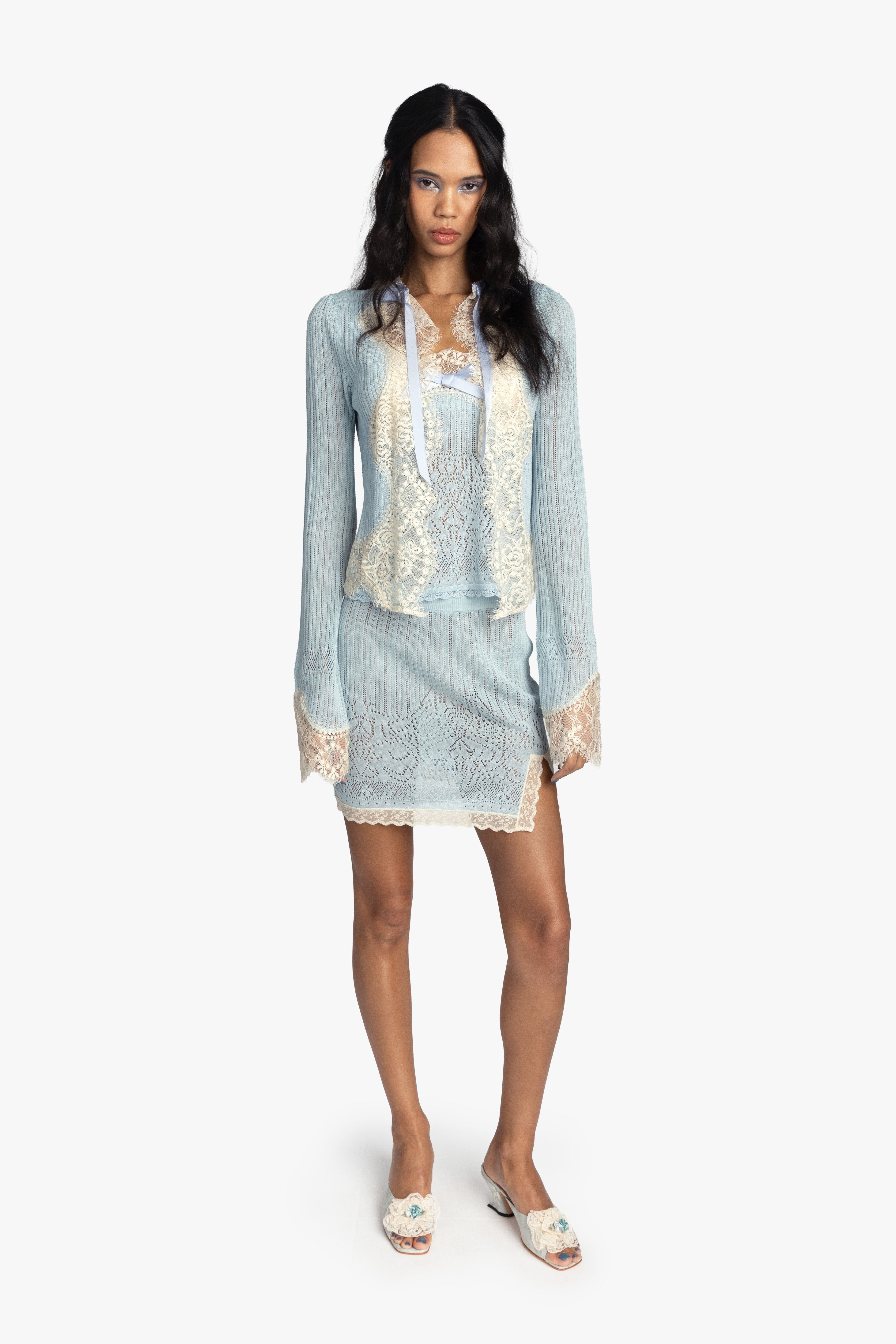 Lingerie Lace Knit Cardigan - Sky Blue - Anna Sui Outlet