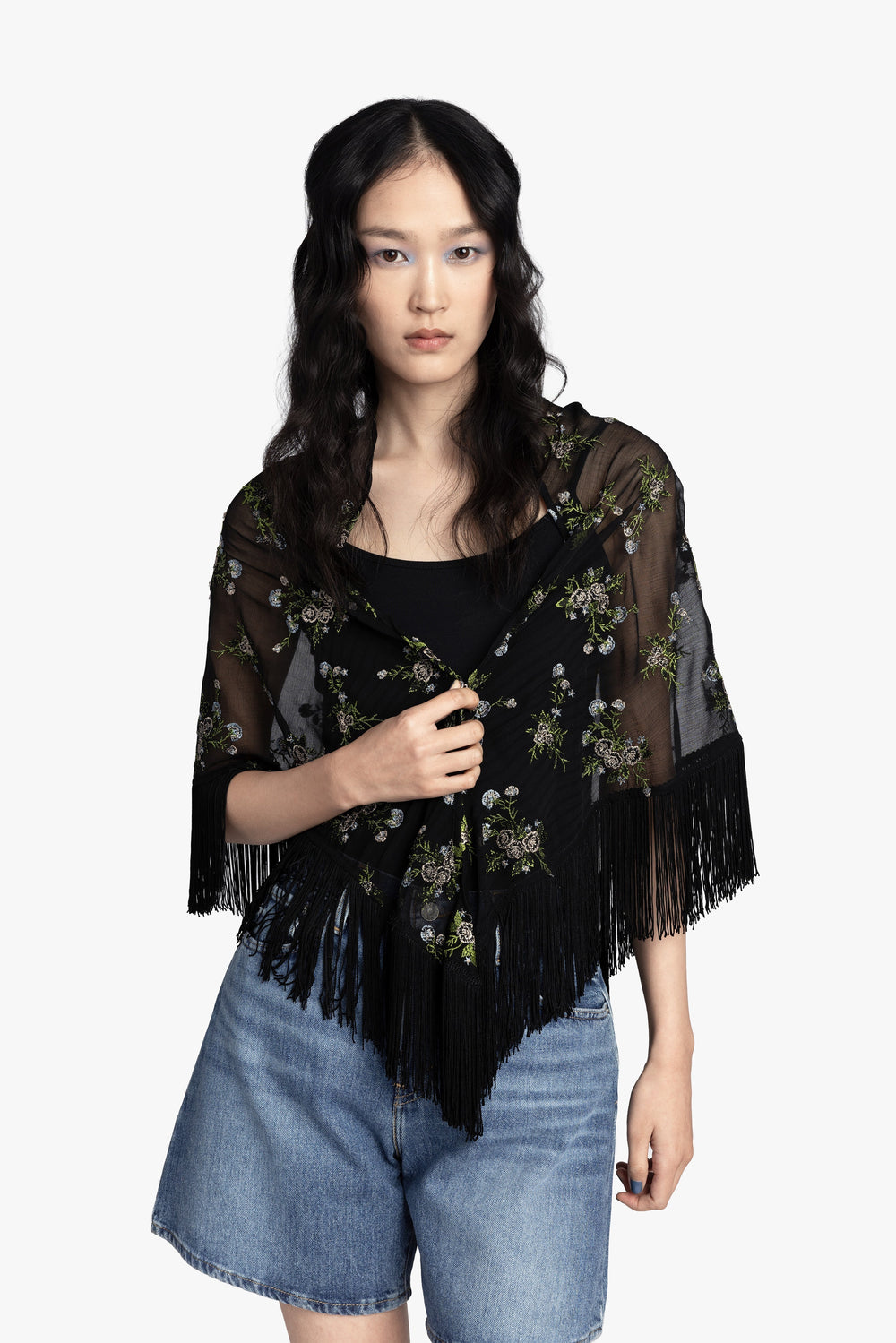 Bluebell Embroidered Chiffon Fringe Shawl - Anna Sui Online